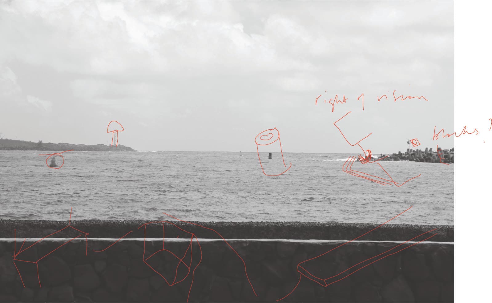 A black and white landscape image featuring an ocean view. In the foreground, a stone wall borders the water. Various red sketches overlay the image, illustrating shapes such as a bell, a mushroom, and a cylindrical object. The ocean has gentle waves, and the horizon shows a cloudy sky.