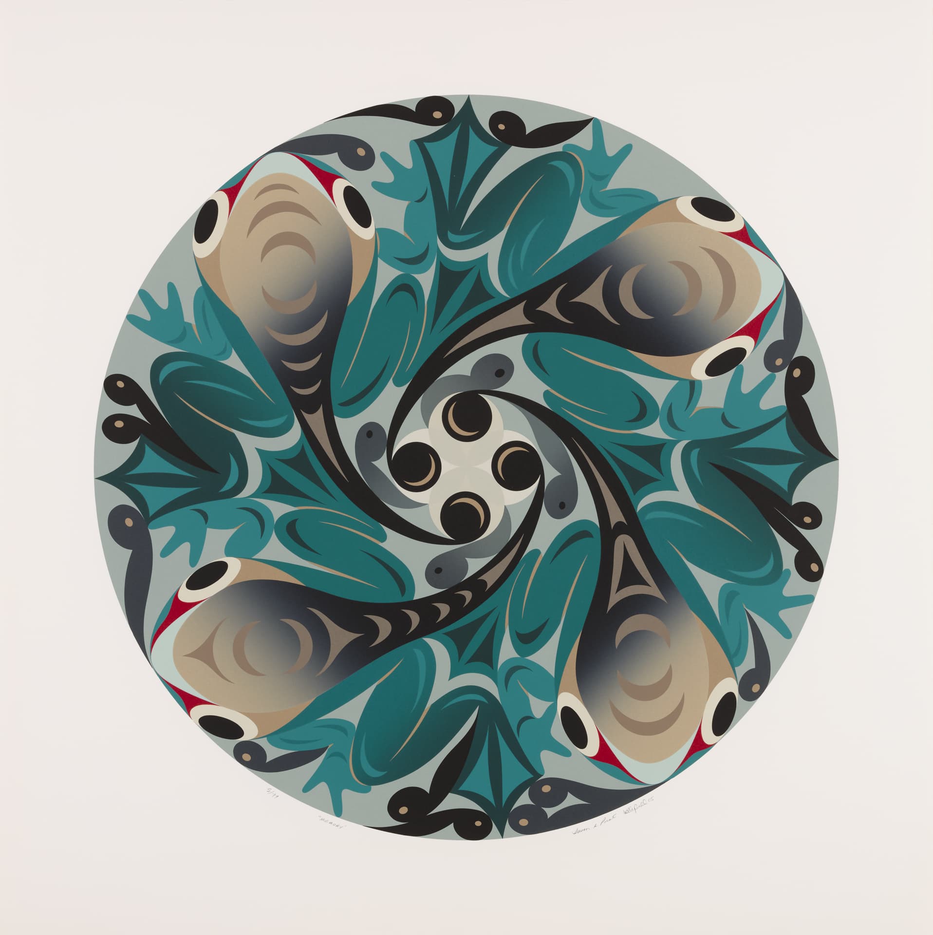 A circular design featuring a swirling pattern of stylized fish and aquatic elements, rendered in shades of teal, black, and gray. The fish have a distinct shape with prominent eyes and red accents. The overall composition creates a dynamic, flowing motion, emphasizing the theme of water and marine life. The background is a light color, enhancing the vividness of the design.