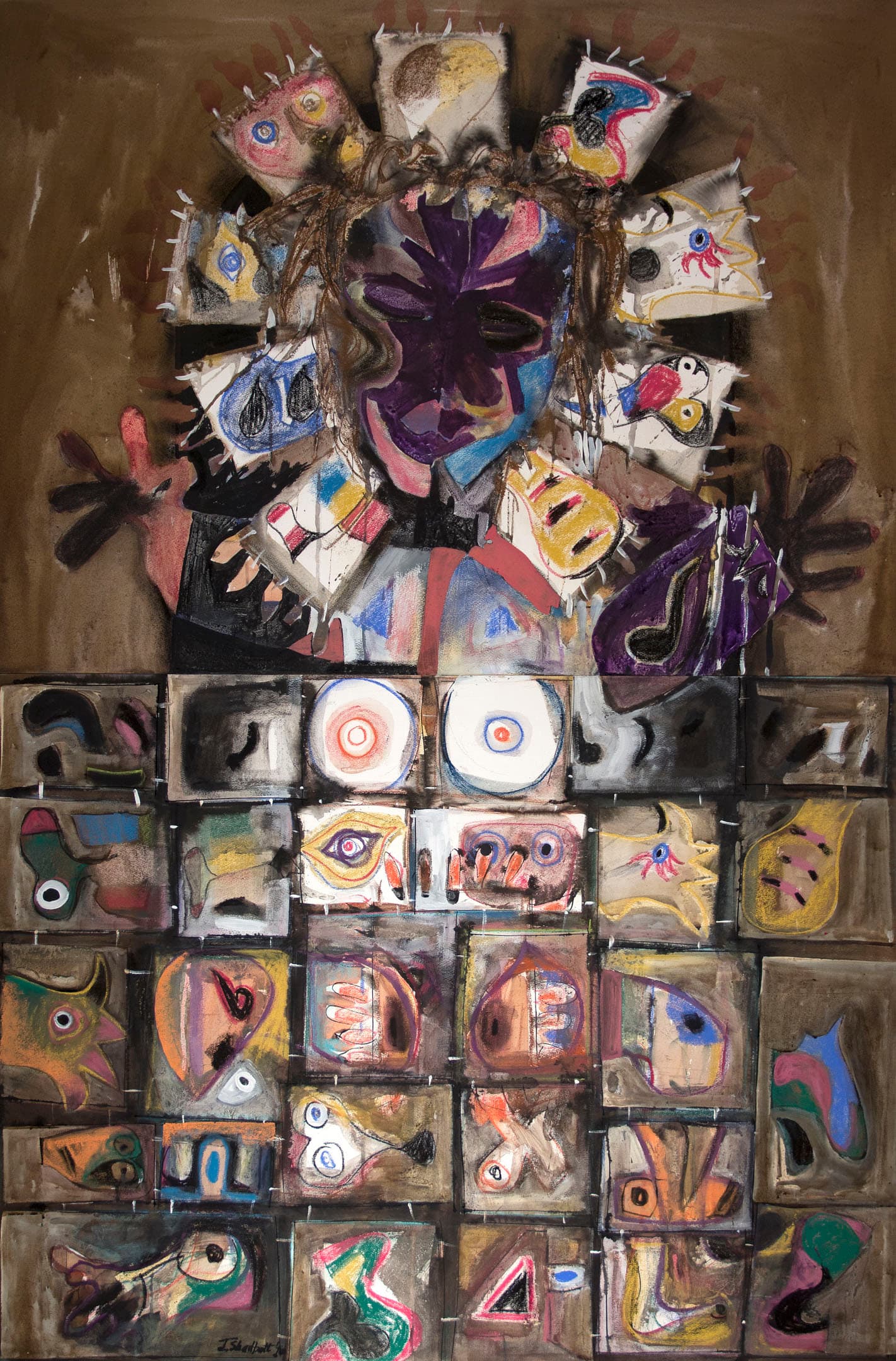 A colorful art piece featuring a central figure with a dark mask and long hair, surrounded by various abstract shapes and facial features. The background is a light brown color, and the bottom half consists of a grid filled with multiple expressive, stylized faces and forms, rendered in vibrant hues. The artwork combines elements of abstraction and symbolic representation.
