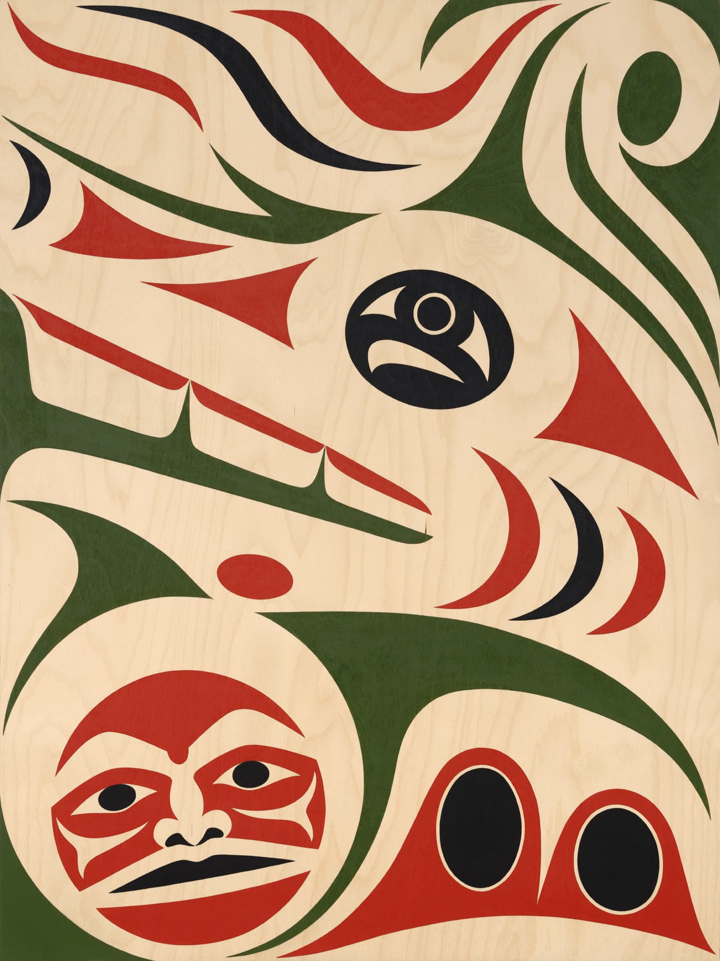 An abstract design featuring bold shapes and colors against a light wooden background. The composition includes stylized faces and various curves and lines in red, black, green, and circular patterns. The styles appear tribal or indigenous, contributing to a sense of cultural storytelling through the artwork.