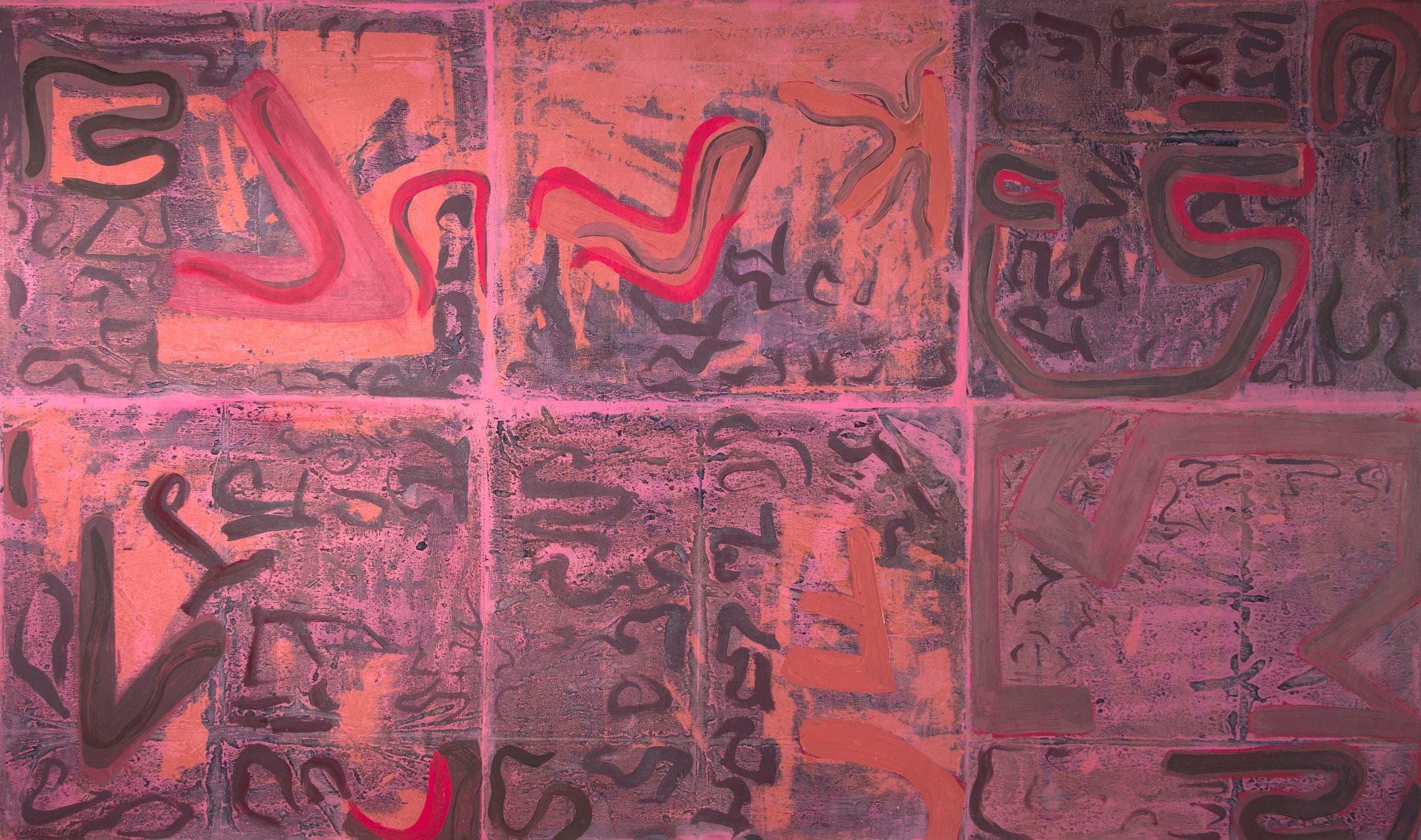 An abstract painting featuring a grid-like composition with varying shades of pink, orange, and dark gray. The surface is textured, with bold, flowing lines and shapes in darker colors that create a dynamic visual effect. The overall appearance is a mix of organic forms and script-like designs, emphasizing a vibrant yet chaotic aesthetic.