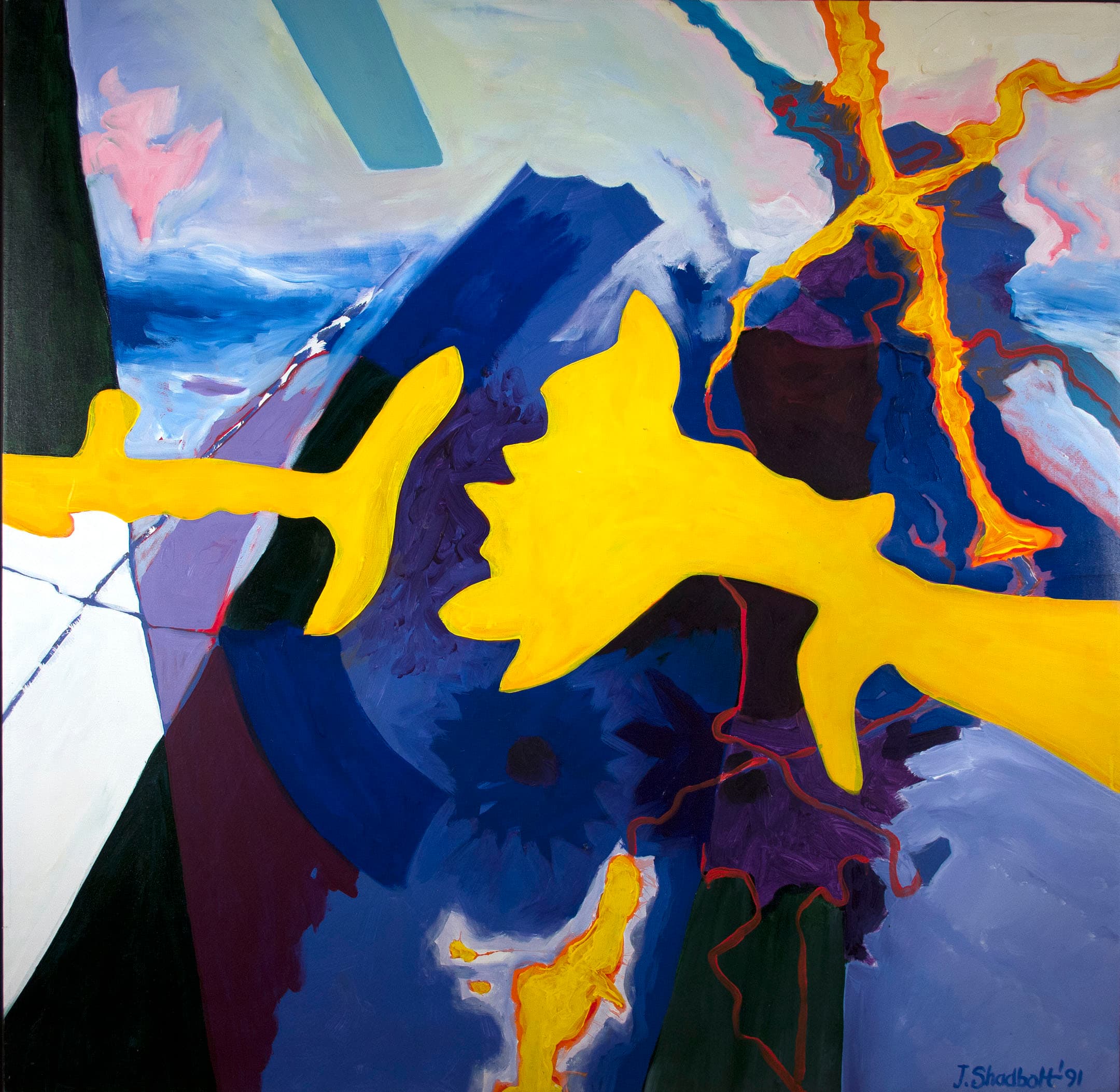 Abstract painting featuring bold colors, primarily yellows, blues, and purples. The composition includes dynamic shapes and sweeping lines, with a prominent yellow silhouette intersecting various dark and light backgrounds. Splashes of red and white add contrast, creating an energetic and vibrant visual effect. The artist's signature and date appear in the lower right corner.