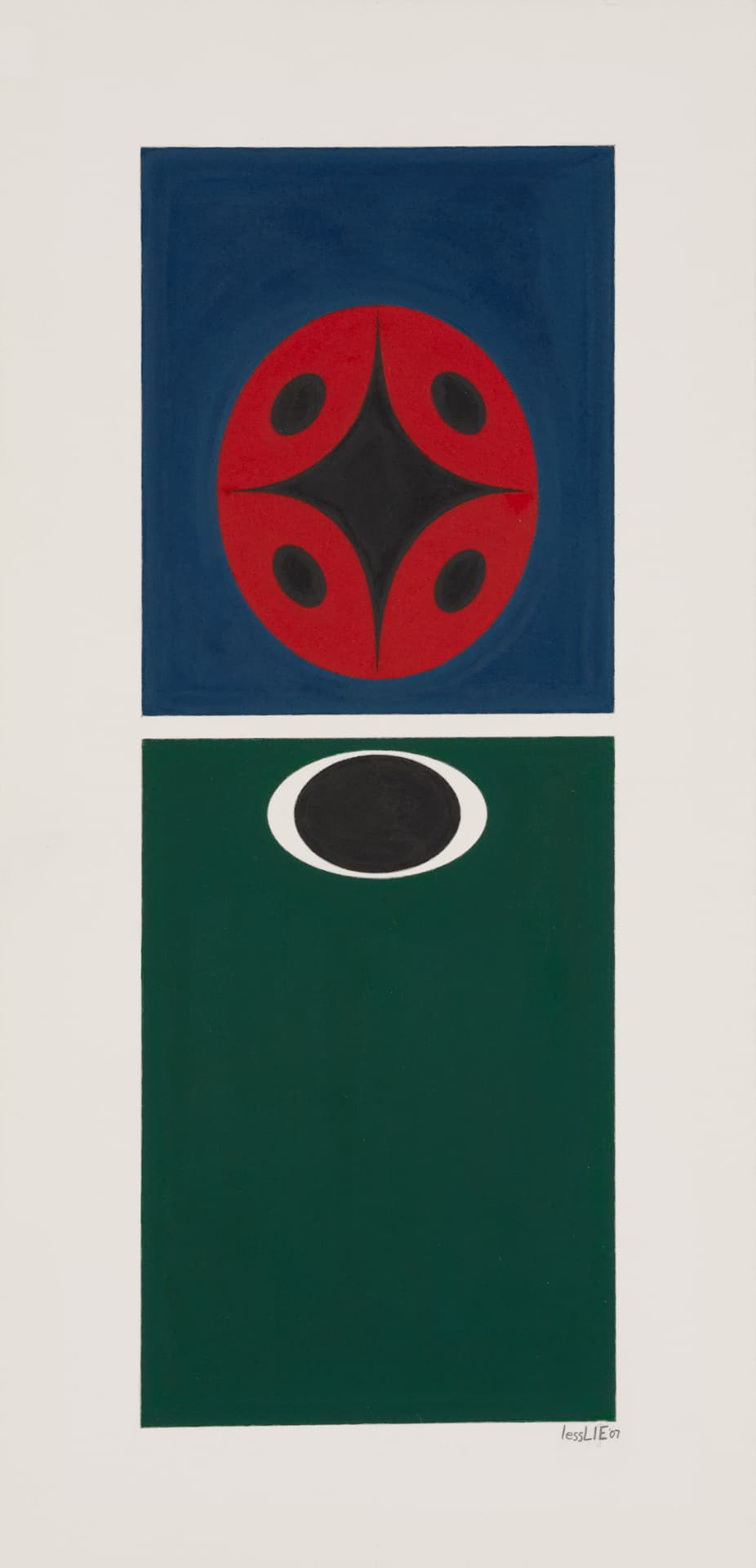 Abstract composition featuring two stacked rectangular sections. The top section has a blue background with a red circular shape containing black teardrop-like forms at its center. The bottom section has a green background with a white oval surrounding a solid black circle. The artwork is signed in the bottom right corner.