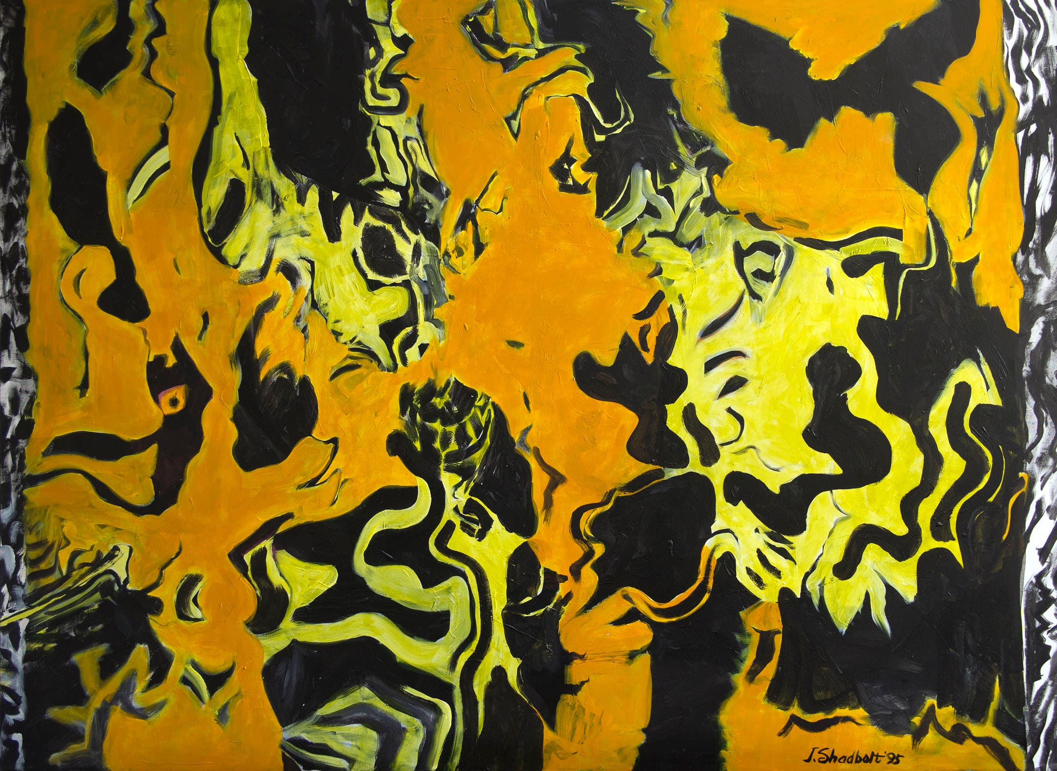 The image features an abstract painting characterized by vibrant swirls of bright yellow and green against a dark black background. The composition includes fluid, wavy lines that create a dynamic and energetic interplay of colors. The brush strokes are expressive, and there are areas of contrasting tones that evoke depth and movement. The signature in the bottom corner is dated '95.
