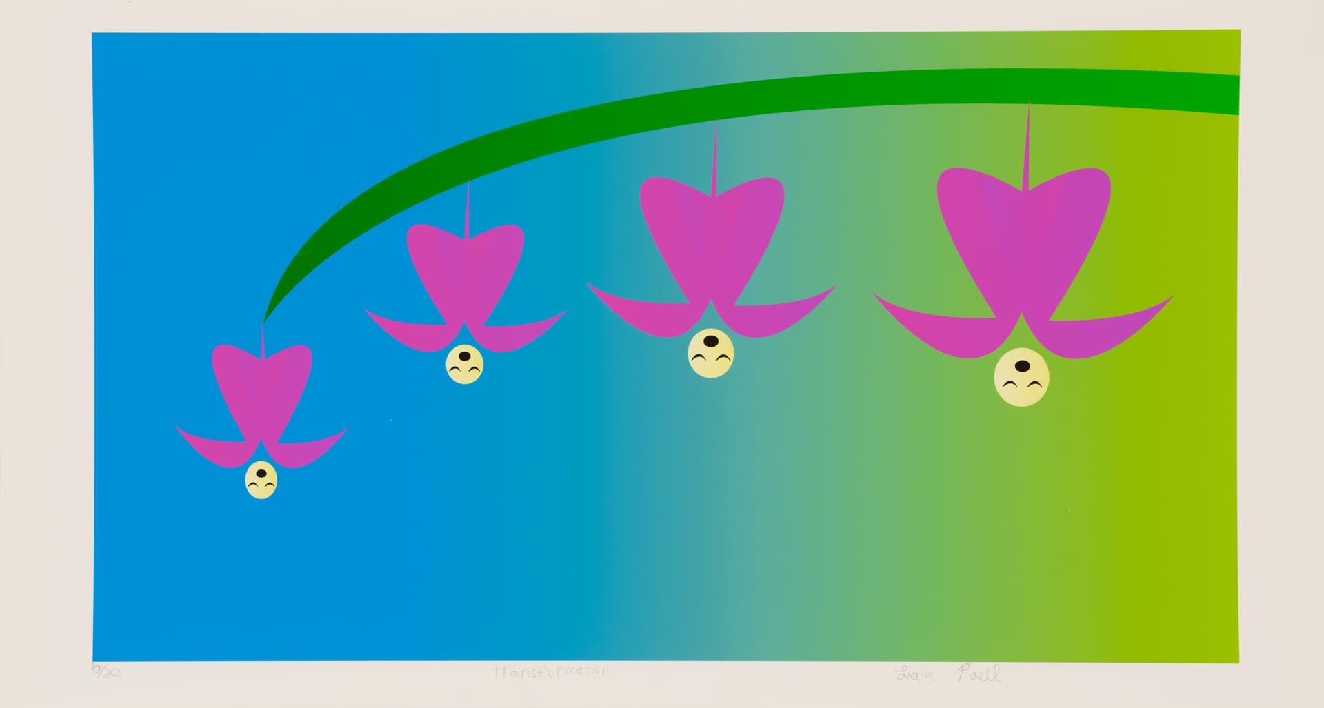 A graphic artwork featuring a gradient background transitioning from blue to green. Hanging from a stylized green stem are four pink flowers, each with a round face expressing different emotions: two with smiling faces and two with sad faces. The piece is signed at the bottom.