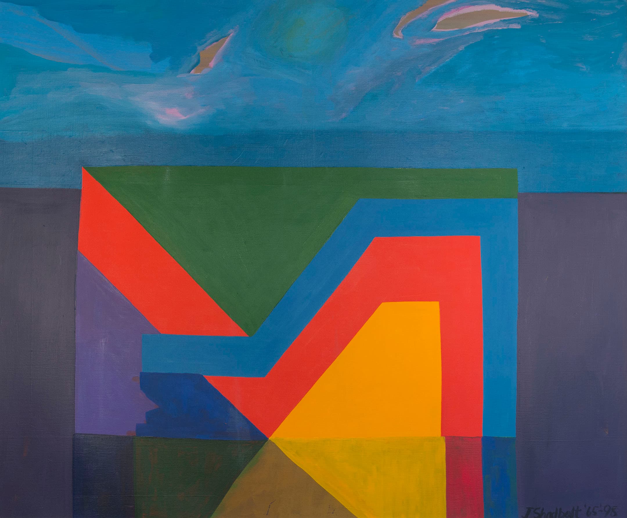 Abstract painting featuring geometric shapes in vibrant colors, including red, green, blue, yellow, and purple. The composition consists of angular forms arranged against a background with soft blue tones and hints of clouds. The bottom of the painting is darker, contrasting with the brighter upper section. The artist's signature and date are located in the bottom right corner.