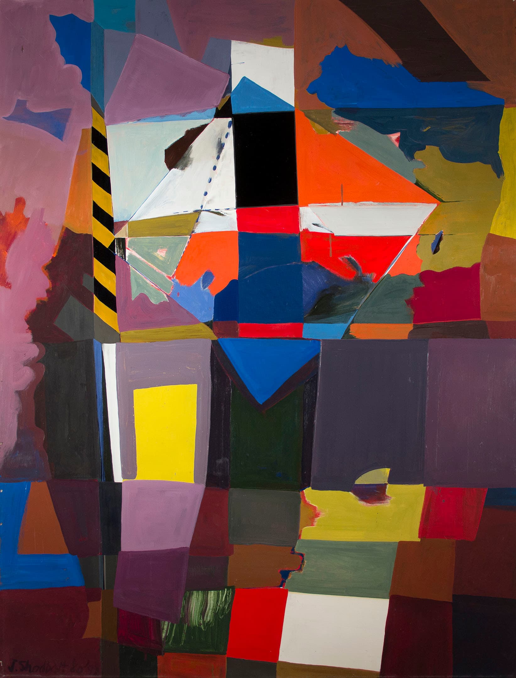 An abstract painting composed of various geometric shapes and vibrant colors, including shades of red, blue, yellow, green, and purple. The composition features a central diamond shape amid a collage of rectangular and triangular forms, with contrasting color blocks creating a dynamic visual effect. The background contains a blend of soft and bold hues, enhancing the overall complexity of the piece.