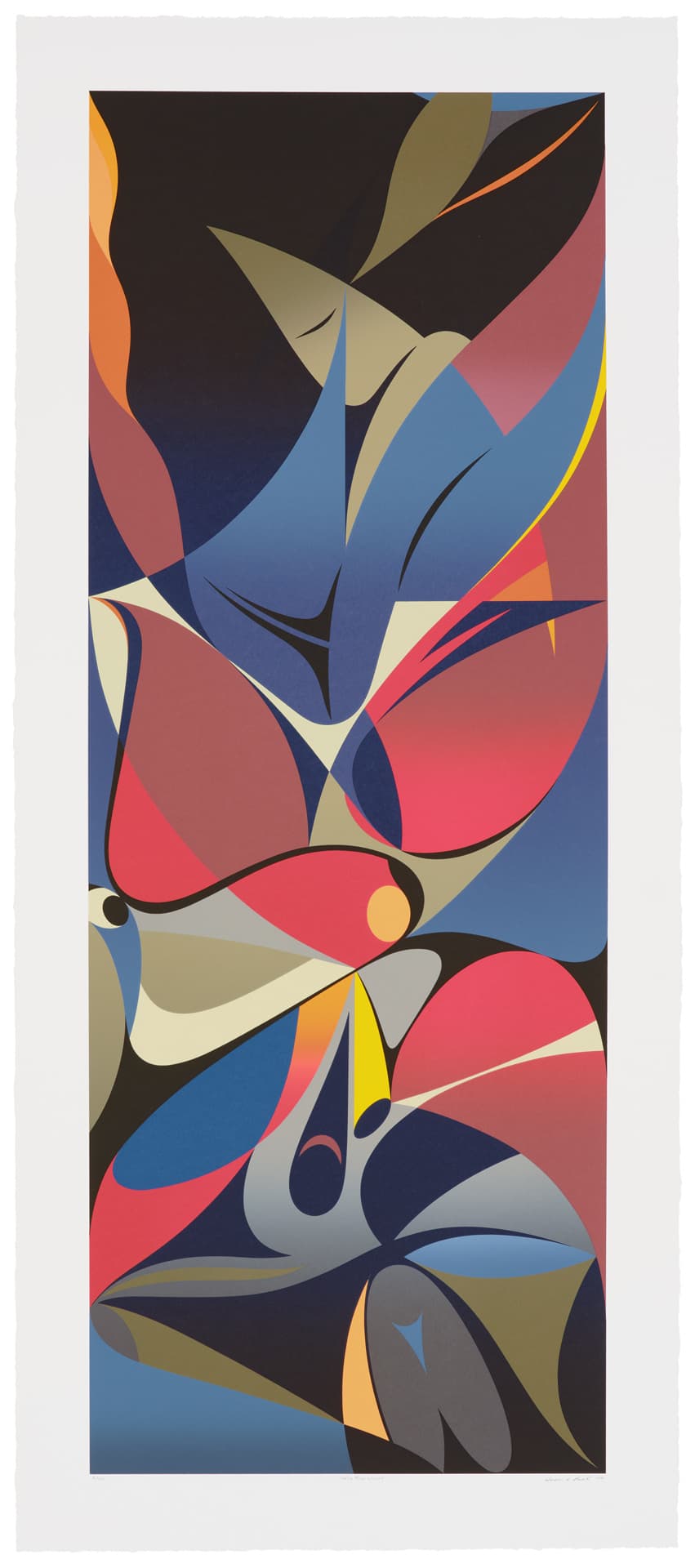 An abstract composition featuring overlapping shapes in a variety of colors including red, blue, beige, and green. The forms create a dynamic interplay of curves and angles, evoking a sense of movement against a dark background. The artwork is bordered by a white outer edge.