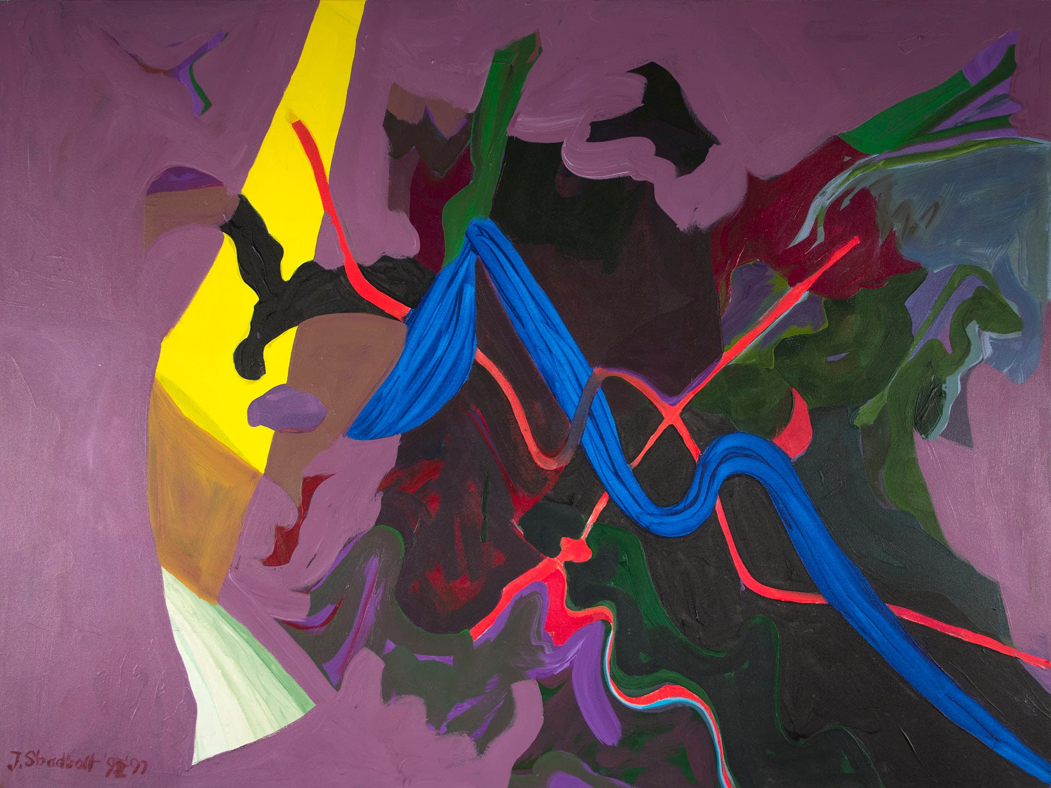 An abstract painting featuring a dynamic composition of swirling shapes and vibrant colors. The background is predominantly purple, with prominent elements in bright yellow, blue, red, and green. The various forms intertwine, creating a sense of movement and depth. The artist's signature is visible in the lower left corner.