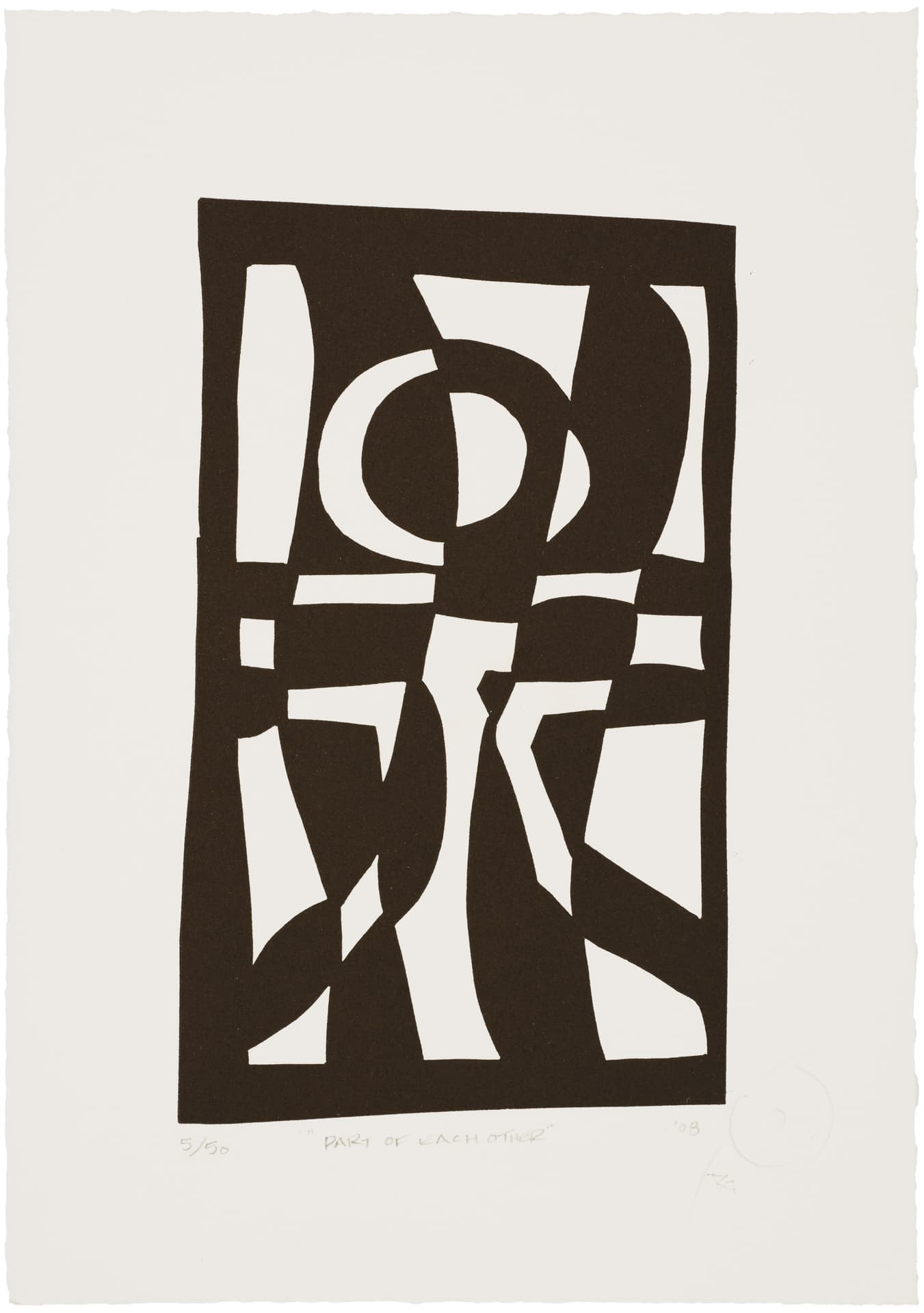 Abstract artwork featuring a series of dark brown cut-out shapes arranged within a rectangular frame. The composition includes circular and angular forms that interact dynamically against a white background. Text at the bottom reads "5/50" and "PART OF EACH OTHER" followed by "08" and a signature. The edges of the paper are slightly irregular, adding to the artistic quality.
