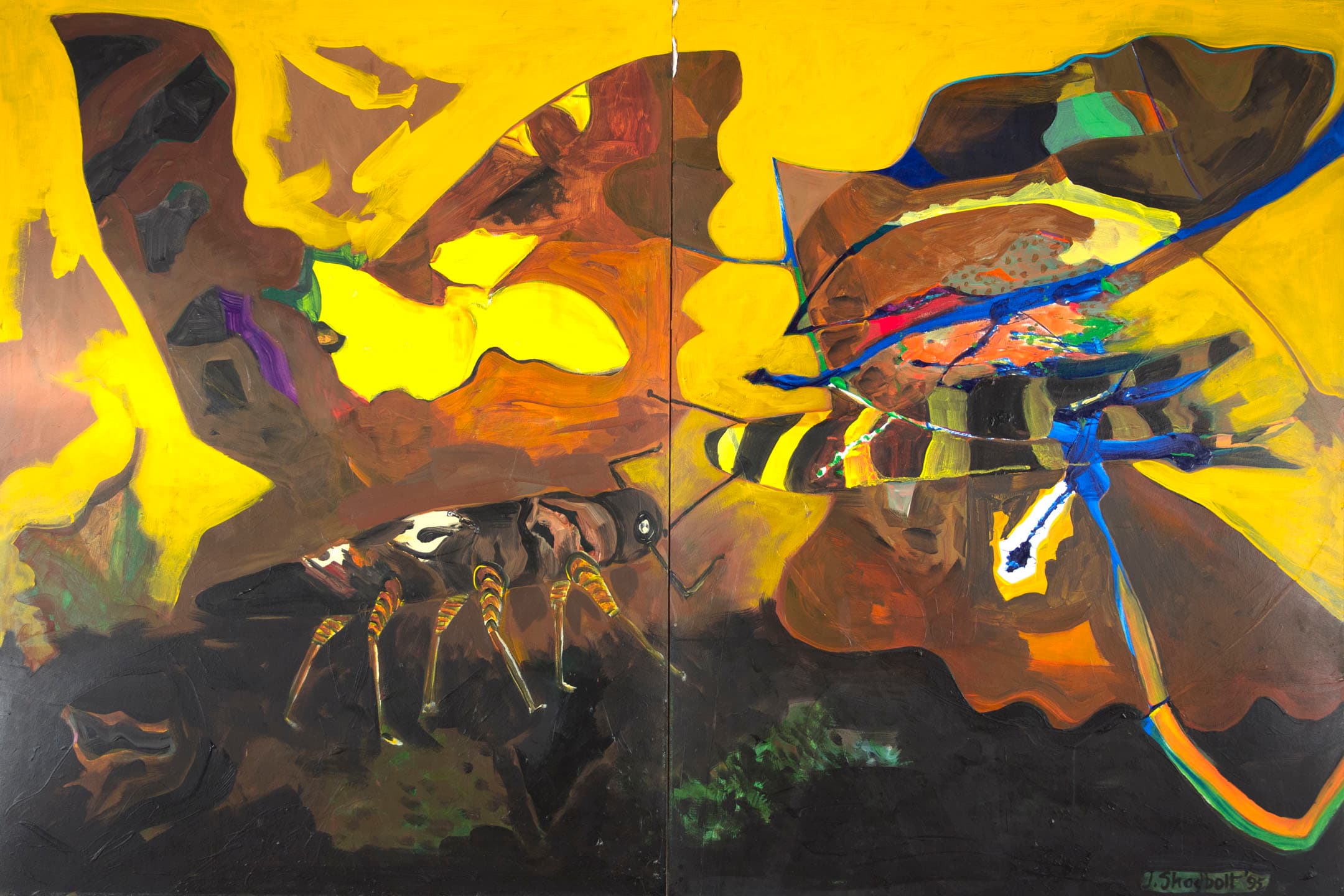 A vibrant, abstract painting featuring a mix of bold colors, primarily yellow and earthy tones. The left side depicts a stylized ant with detailed legs against a dark background, while the right side showcases abstract shapes and bright blue lines, suggesting a dynamic composition. The overall piece is characterized by fluid forms and energetic brushstrokes, creating a sense of movement.