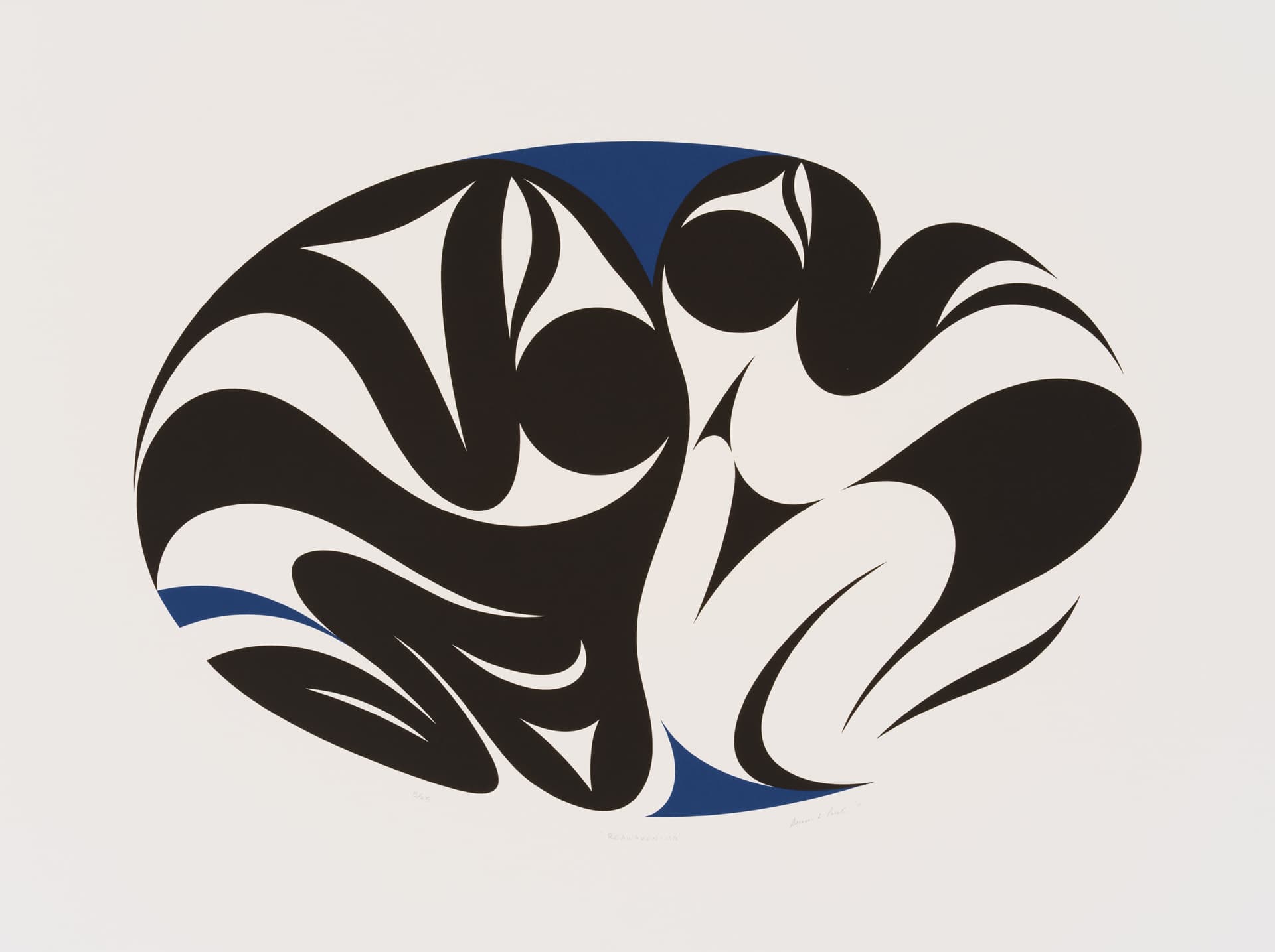 A minimalist abstract artwork featuring two figures intertwined in black and white curvilinear shapes, set against a white background. A small section of blue is integrated into the design, adding contrast. The composition emphasizes fluid forms and movement, creating a sense of intimacy between the figures.