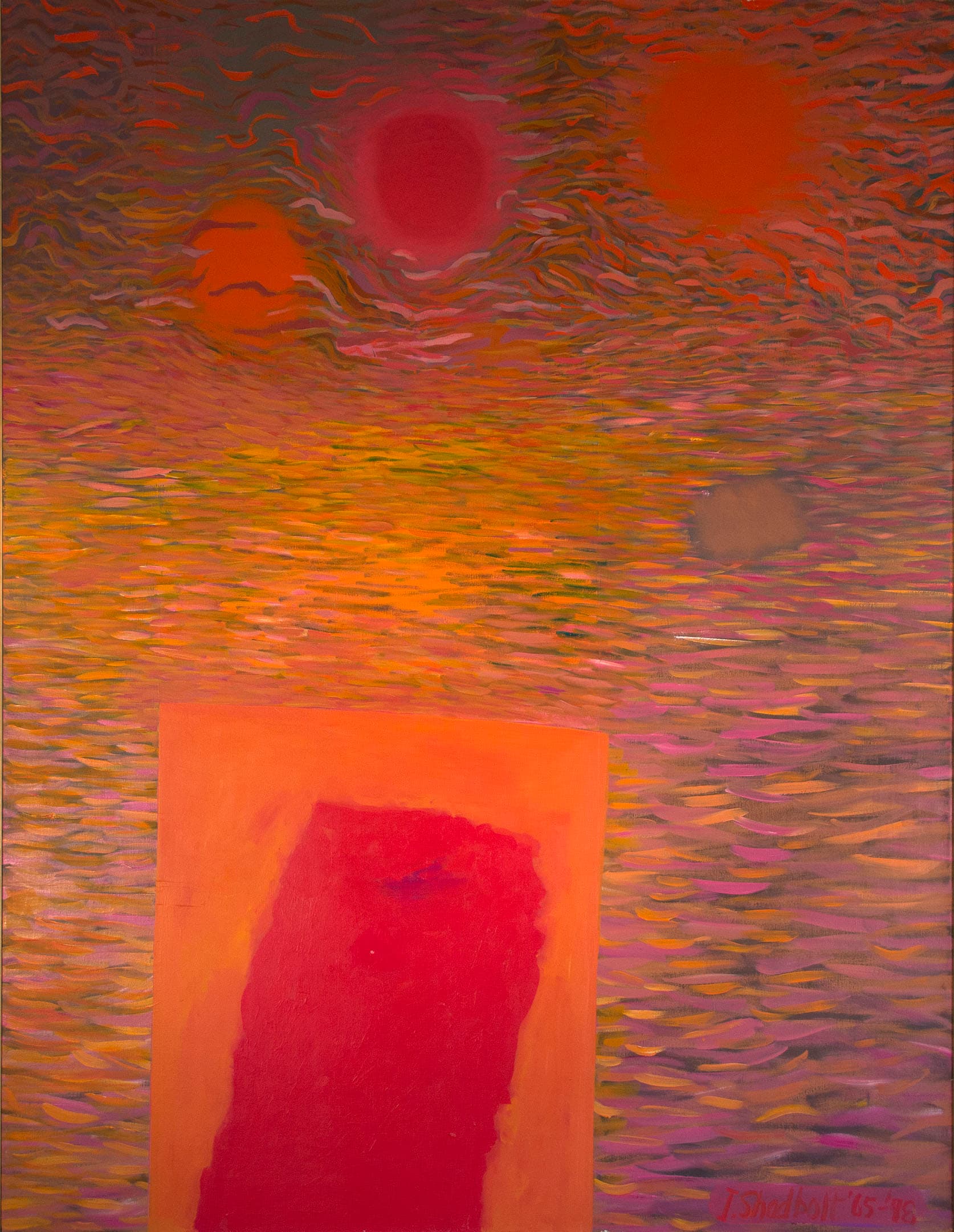 An abstract painting featuring a gradient of warm colors, primarily orange and pink. In the upper portion, three circular shapes in varying hues—two suns and a peach-colored circle—float against a textured background. The lower section displays a large rectangular form in a deep red color with a rough outline, contrasting with the flowing, wavy patterns created by brush strokes throughout the canvas. The artist's signature and date are visible in the lower right corner.