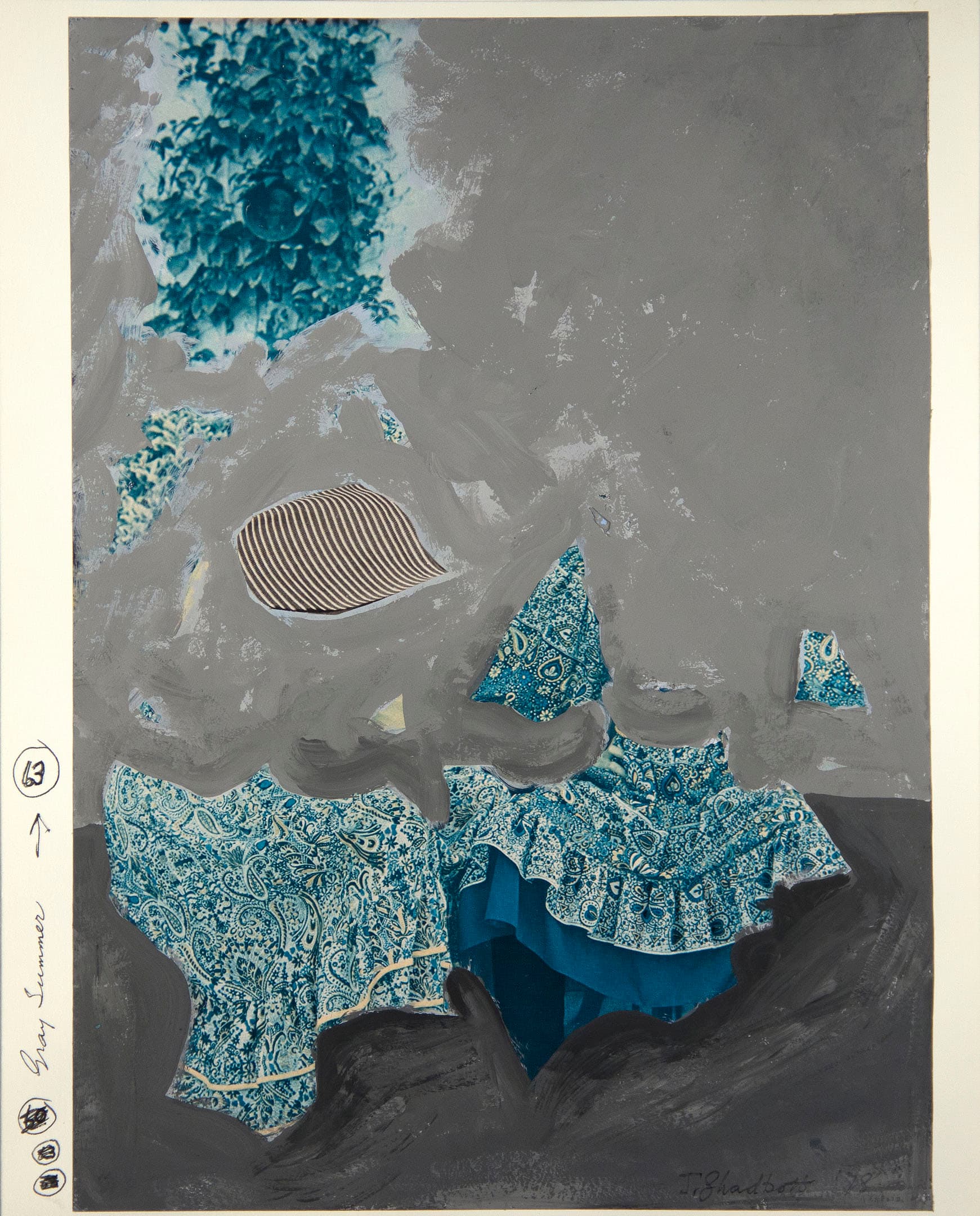 Abstract artwork featuring a mix of textures and patterns. The background is predominantly gray with splashes of blue and green, suggesting foliage. In the center, various blue fabric shapes with intricate paisley designs contrast with the muted background, creating a layered effect. The edges are framed with a light border, and handwritten notes appear in the lower left corner.