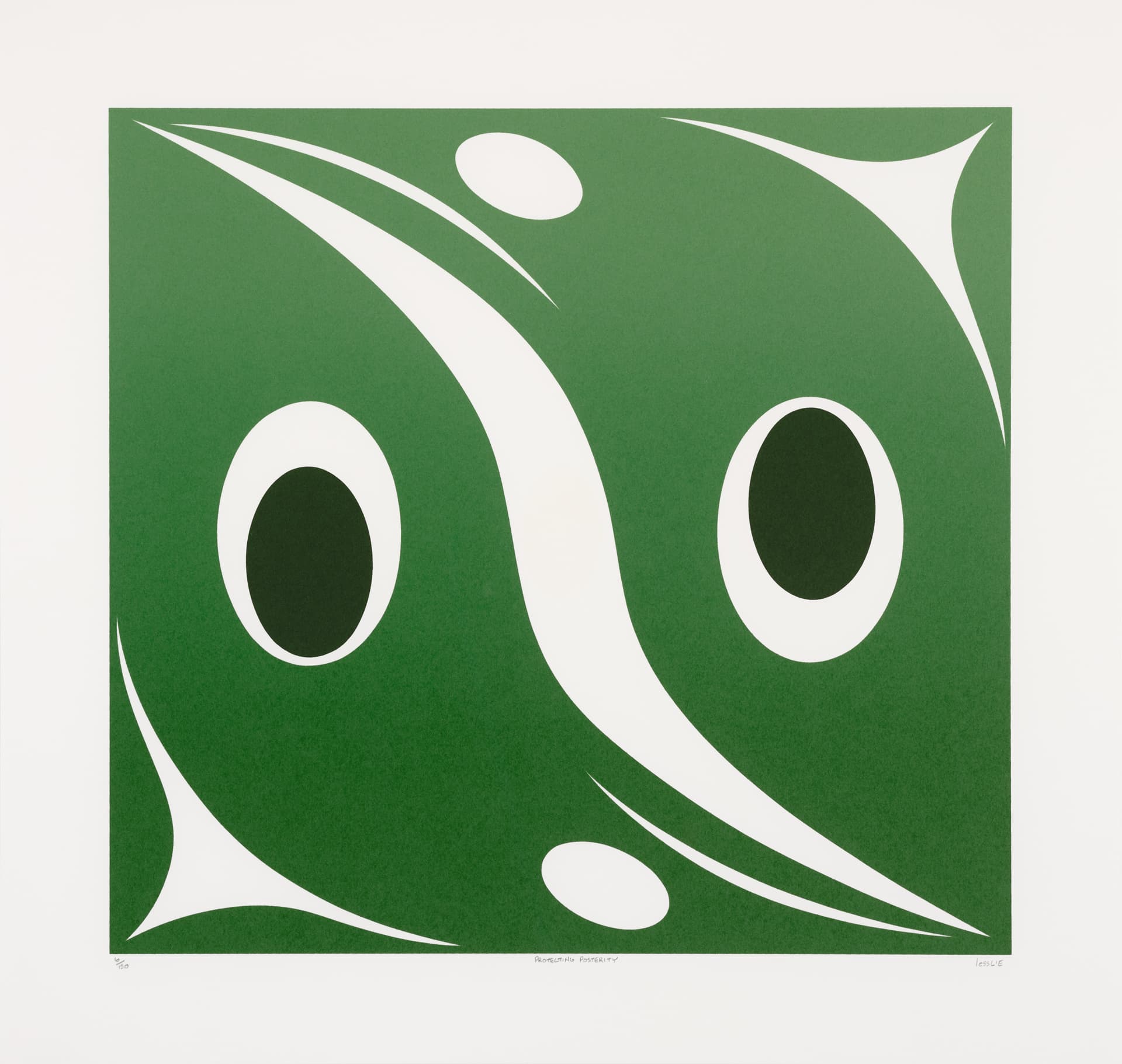 A graphic artwork featuring a predominantly green background with abstract shapes. Two large, dark green ovals represent eyes, framed by flowing white shapes that create a dynamic composition. The overall design is minimalist and stylized, conveying a sense of movement and expression.