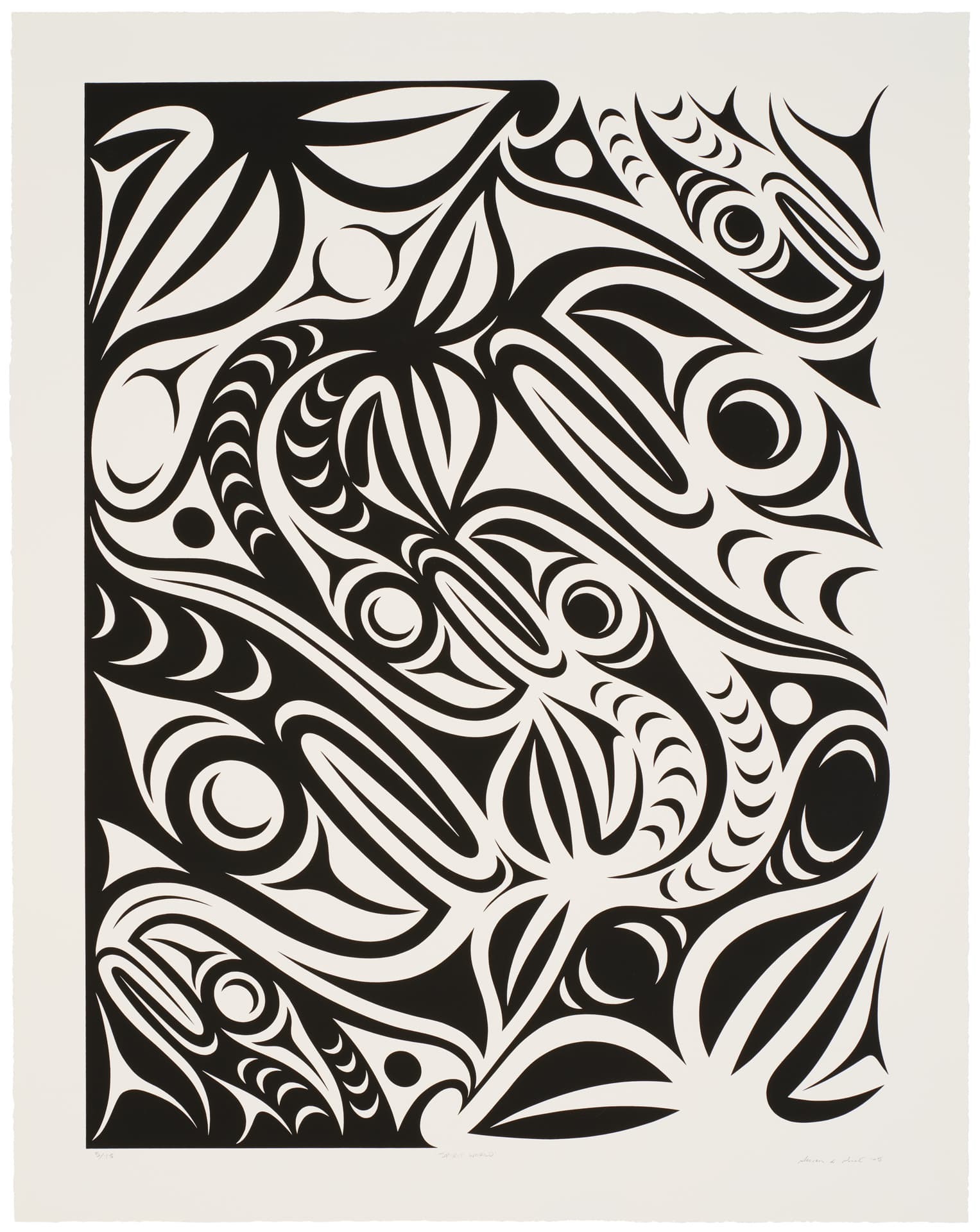 A black and white abstract design featuring intricate, flowing shapes and patterns. The composition includes stylized forms resembling waves, fish, and leaves, creating a sense of movement and depth against the white background. The interplay of positive and negative space enhances the visual complexity of the artwork.
