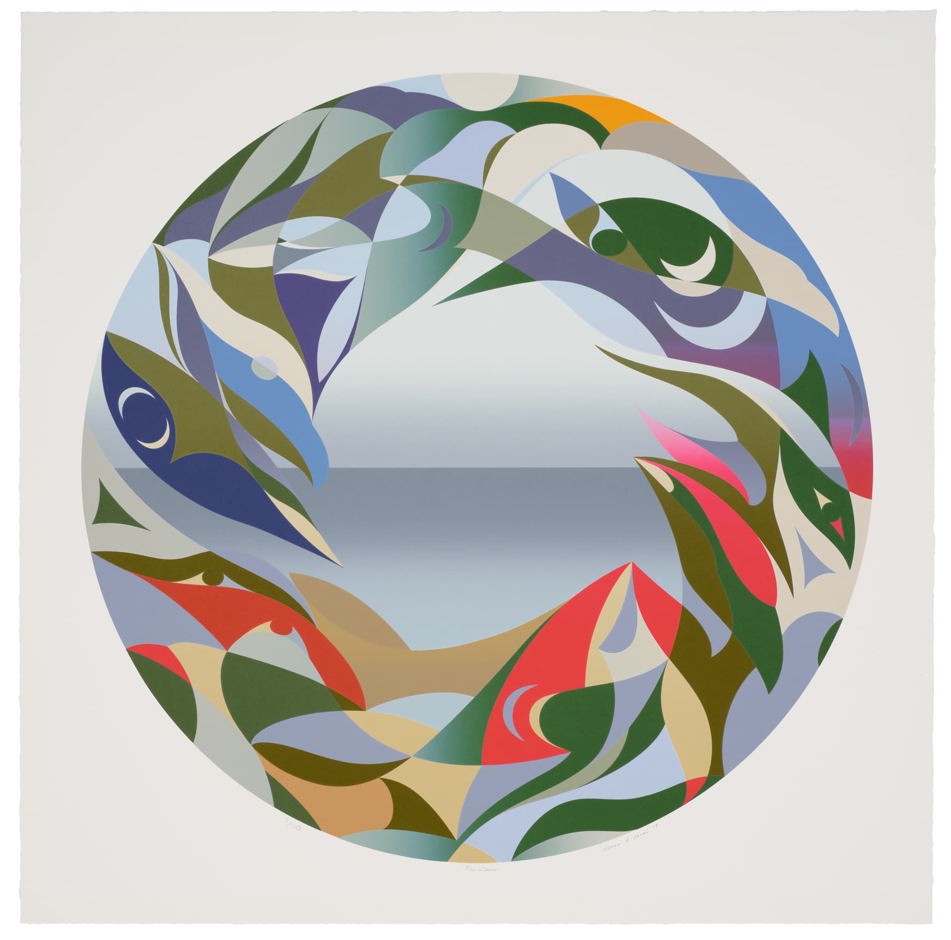 A circular, abstract artwork featuring a blend of colorful, organic shapes resembling fish and aquatic elements. The outer edges include shades of blue, green, and red, creating a vibrant frame around a central gradation that transitions from light to darker blue, evoking a sense of water or sky. The overall composition conveys a dynamic and fluid movement, suggesting life and energy within a natural environment.