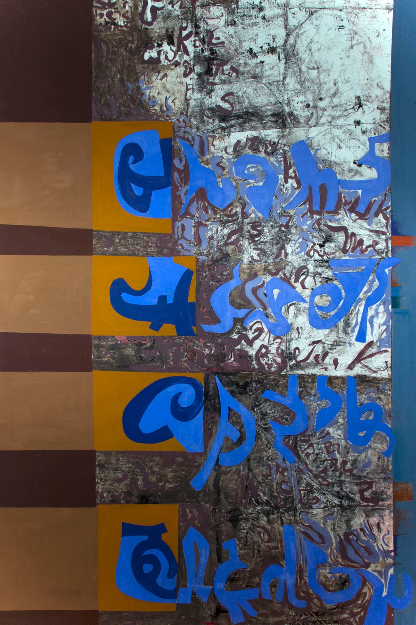 An abstract artwork featuring a mix of bold colors and stylized, fluid shapes. The background consists of segments in brown, orange, and blue, with layers of textured metallic silver. Prominent blue shapes resembling letters or characters are interspersed, contrasting against the textured backdrop. The overall composition combines geometric forms with organic lines, creating a dynamic visual effect.