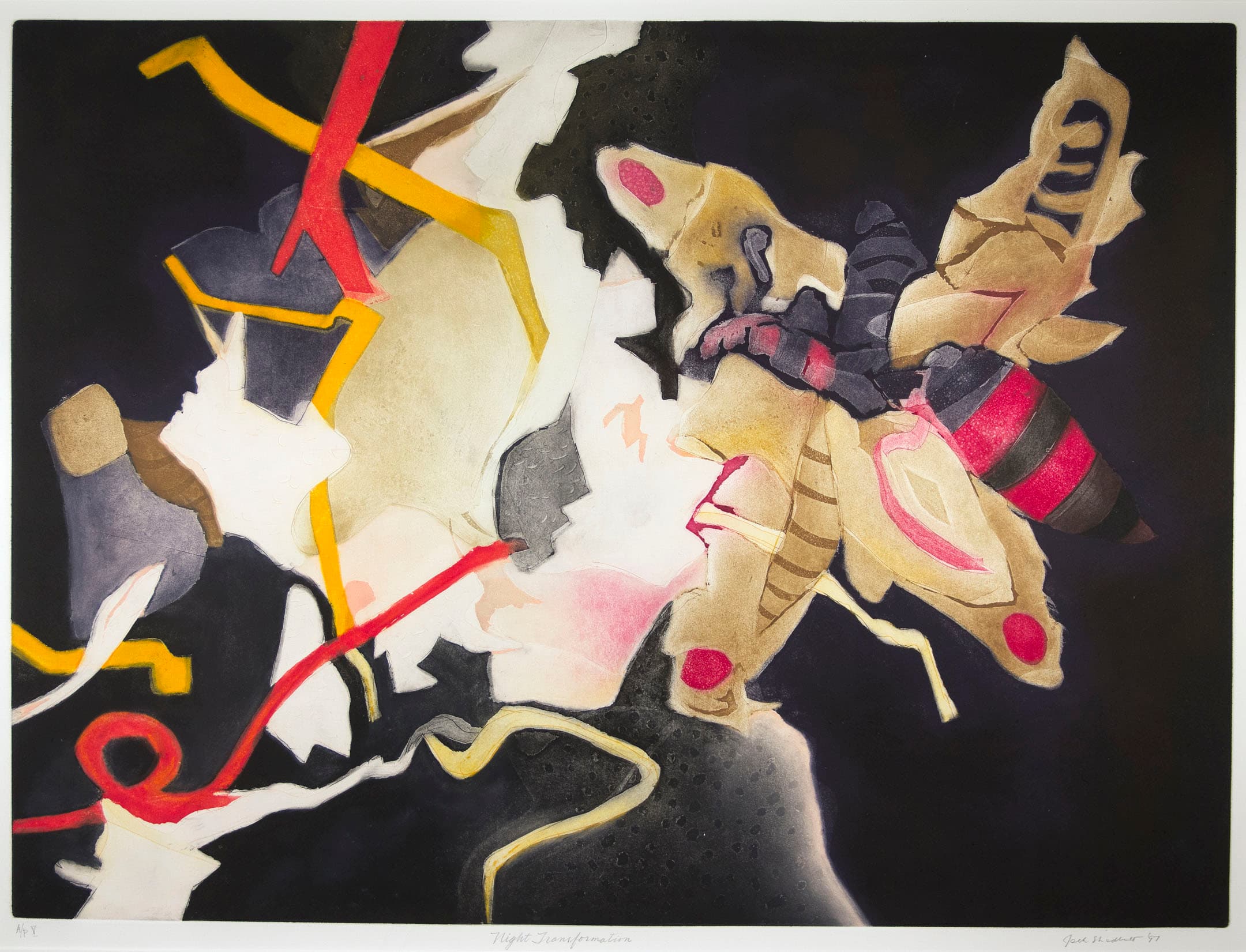 An abstract artwork featuring a blend of bold colors, including red, yellow, and black, with organic shapes and fluid lines. Central to the composition is a stylized moth-like figure, intricately designed with shades of brown and hints of pink and red. The background contrasts dark tones with lighter, vibrant shapes, creating a dynamic sense of movement and transformation. The artist's name and date are noted at the bottom.