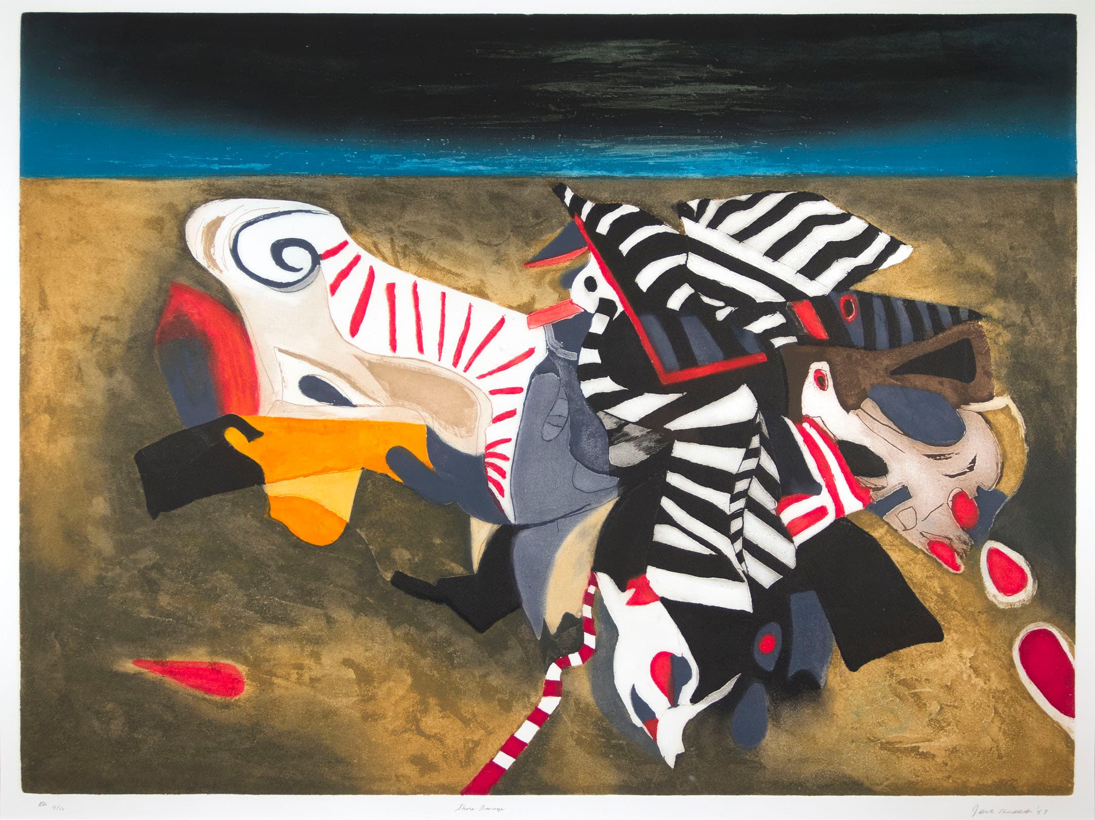 An abstract artwork featuring dynamic forms and bold colors, including yellows, reds, blacks, and whites. The composition blends various shapes resembling animals or figures, set against a textured background of earthy tones with a dark blue horizon at the top. The overall effect is vibrant and energetic, with overlapping patterns and contrasting colors.