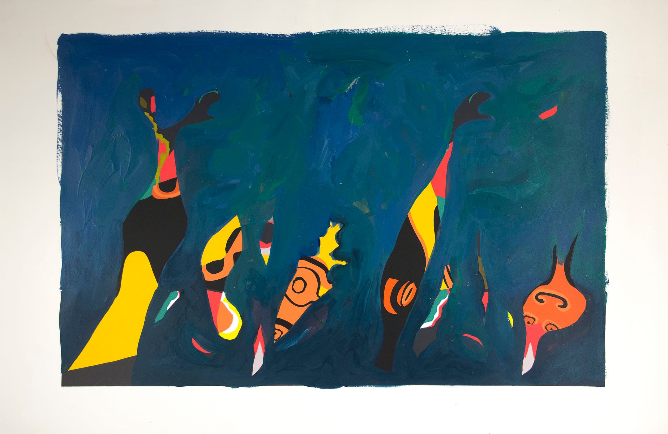 An abstract artwork featuring vibrant shapes and colors, predominantly dark blue in the background. The composition includes various organic forms in shades of yellow, orange, red, and black, creating a sense of movement and depth. The contrasting colors are layered and integrated into the blue backdrop, emphasizing the dynamic interplay between the elements.