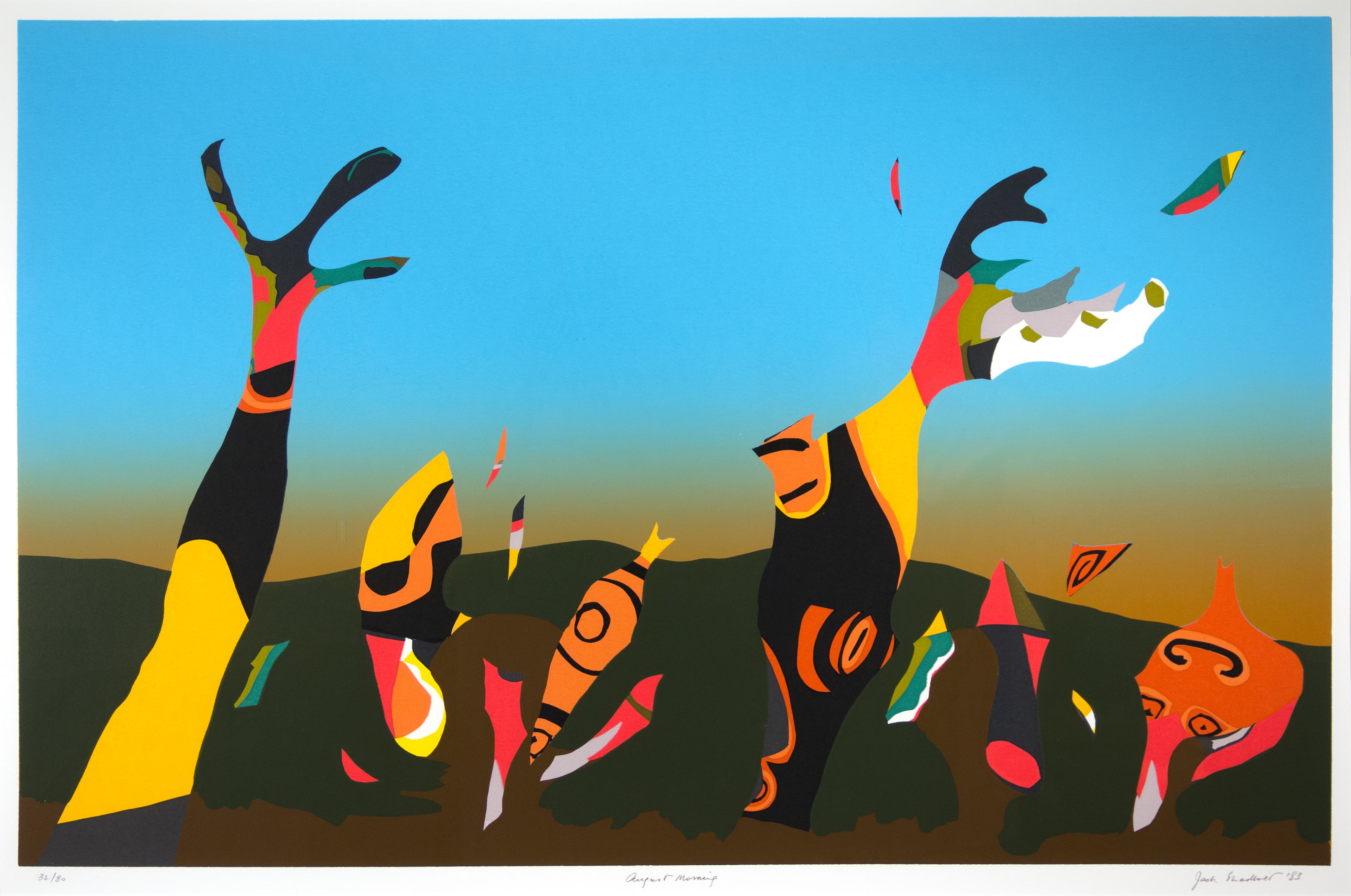 An abstract artwork featuring a vibrant, stylized landscape. The composition includes various shapes resembling fragmented trees and colorful fish against a bright blue sky. The lower portion transitions to earthy tones, creating a contrast with the vivid colors above. The piece emphasizes bold colors, organic forms, and an imaginative scene.