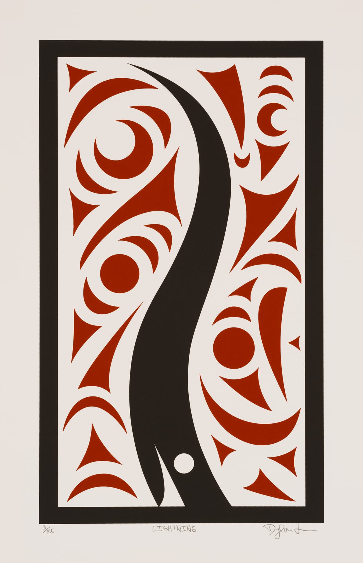 A stylized artwork featuring bold black and deep red shapes arranged within a rectangular frame. The design includes swirling patterns and angular motifs, creating a dynamic composition that captures the essence of lightning. The bottom of the image has the word "LIGHTNING" and the artist's signature.