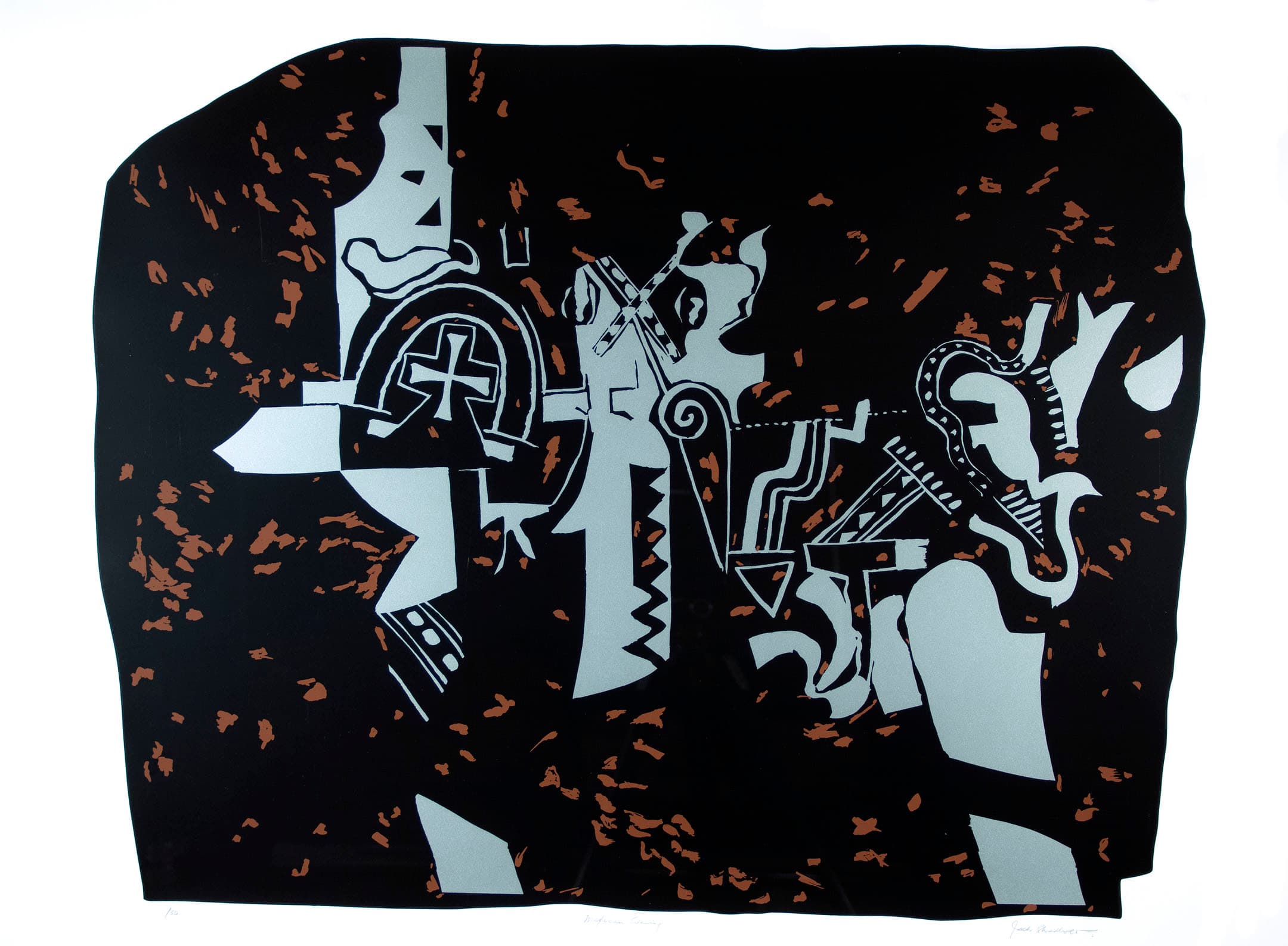 An abstract artwork featuring a black background with white and orange shapes and patterns. The design includes stylized figures and symbols, creating a dynamic composition with a mix of geometric and organic forms.