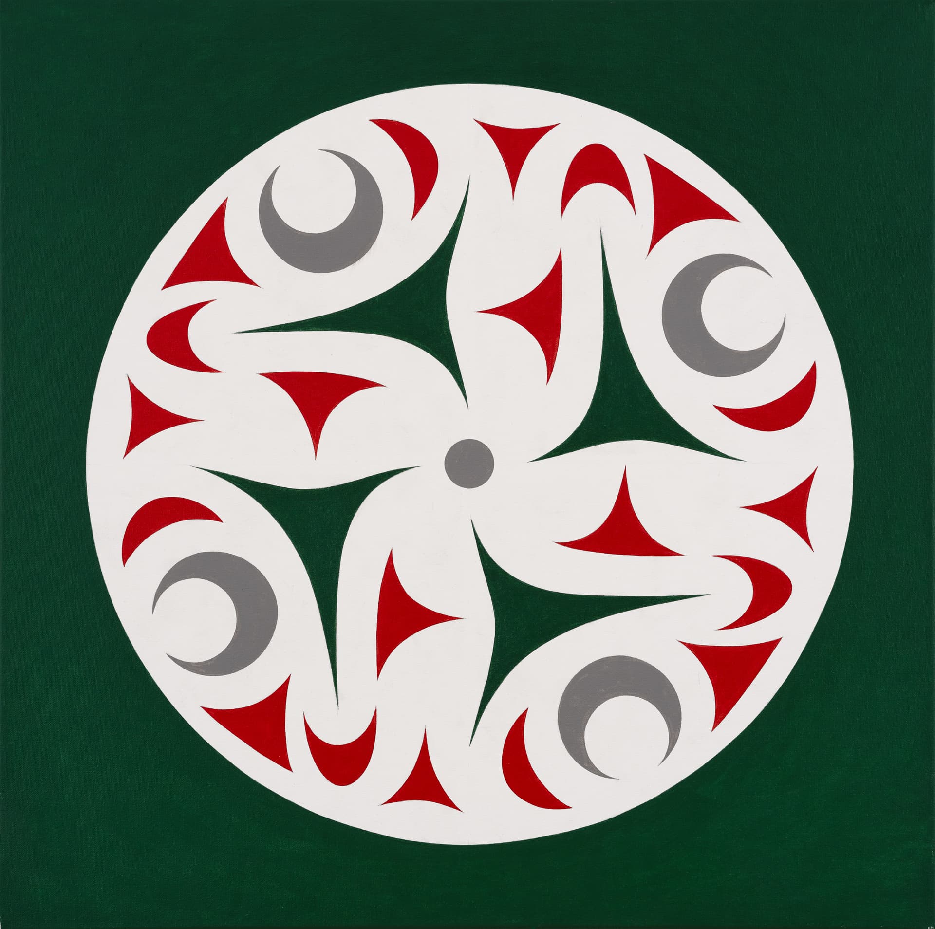 A circular design featuring a symmetrical pattern on a dark green background. The design consists of alternating red and gray shapes, including pointed arrows and curved forms, arranged around a central white motif that resembles a flower. The overall color scheme is vibrant, with a strong contrast between the colors.