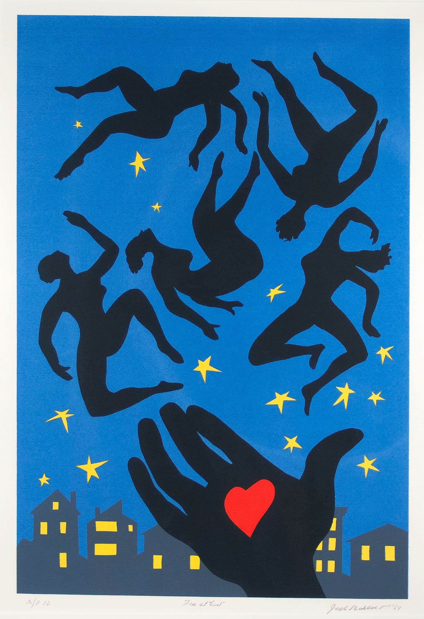 A vibrant art piece featuring a deep blue background with silhouetted figures of five dancing or floating women in black. Below them is a large black hand with a red heart in the palm. In the lower part of the image, there are simple outlines of houses with yellow windows, and small yellow stars scattered throughout the background.