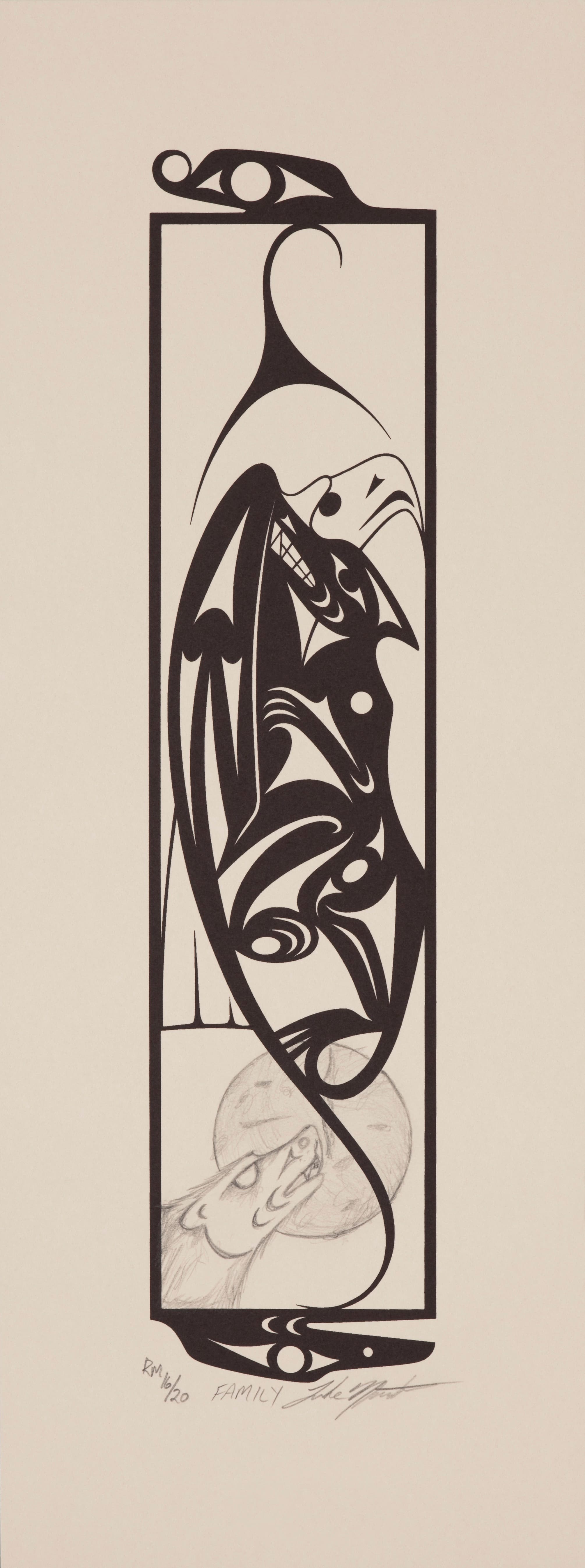 A stylized black and white illustration framed within a rectangular border, featuring abstract shapes and figures that convey a theme of family. The design incorporates flowing lines and curves, suggesting human and animal forms. The bottom corner includes a handwritten signature and the word "FAMILY," with a notation of "RW 16/20" indicating a limited edition. The background is a light cream color, enhancing the contrast of the black artwork.