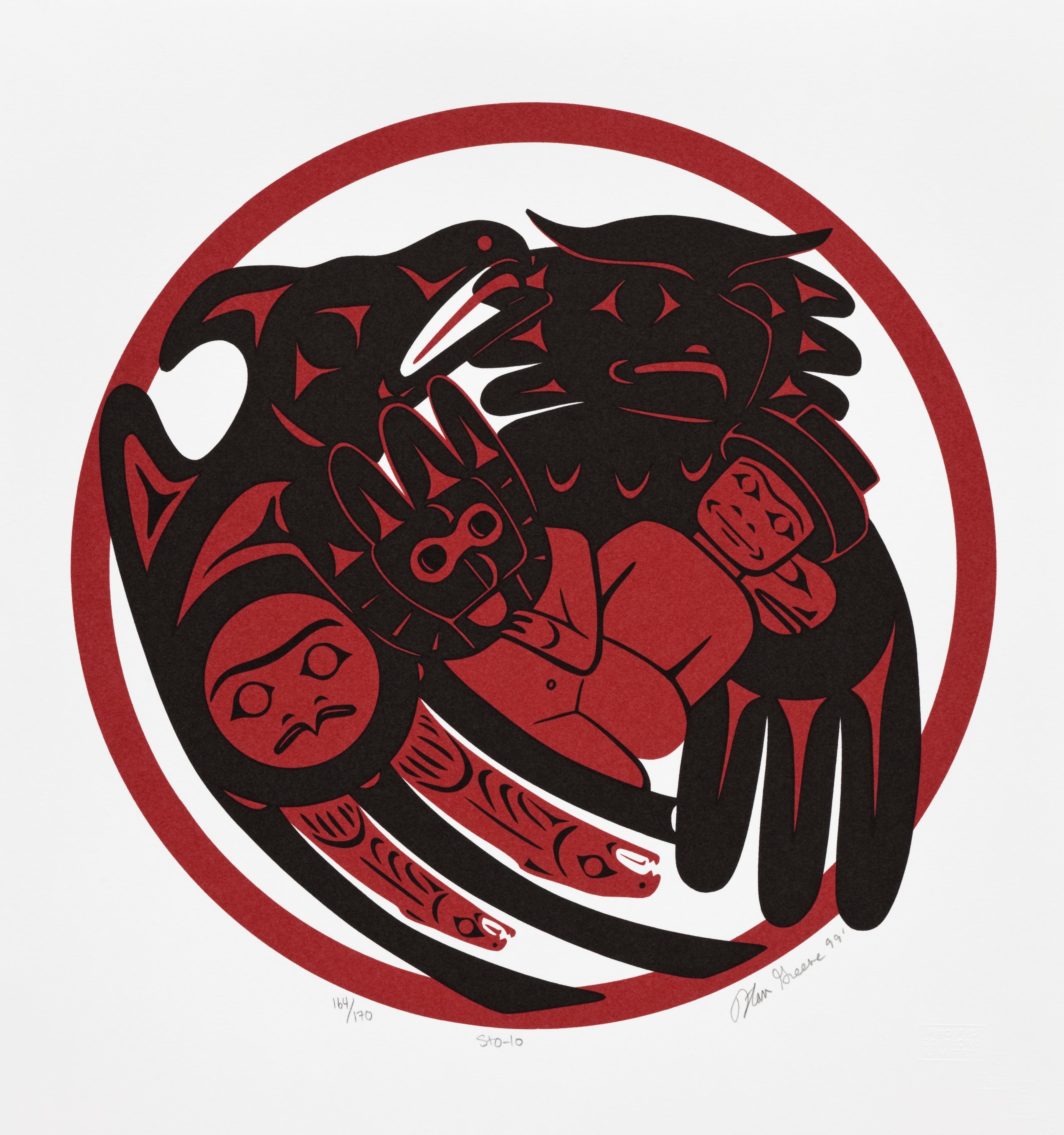A circular artwork featuring a combination of bold red and black shapes. The central composition includes stylized representations of animals, such as a bird and a bear, intertwined with human figures. The imagery conveys a sense of connection and unity, emphasizing cultural motifs. The bottom right corner includes a signature and edition number.