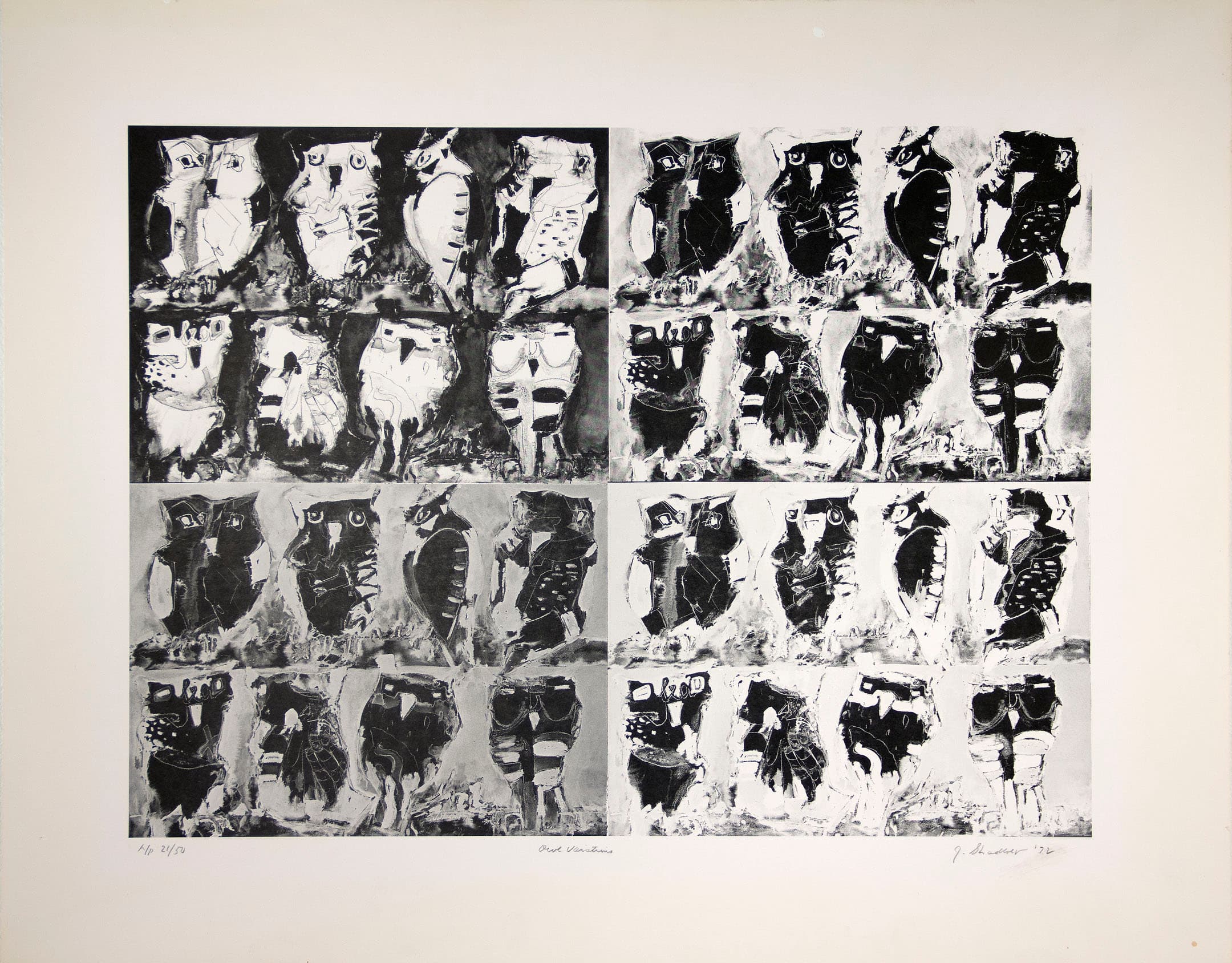 A black and white artwork featuring a grid of stylized owl illustrations. The grid is divided into four rows and four columns, with each owl depicted in a unique design. The top rows feature lighter shades and more detailed patterns, while the bottom rows use darker tones with simpler forms. Each owl has distinct characteristics, creating a playful, abstract representation. The artwork is signed and numbered in the bottom left corner.
