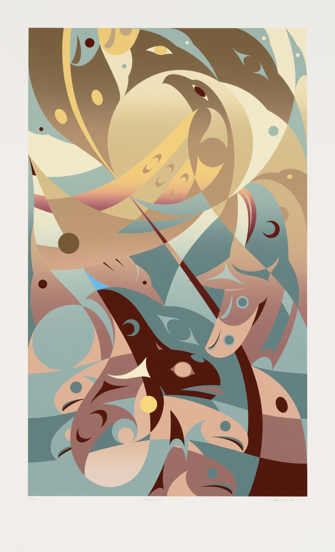 An abstract artwork featuring a dynamic arrangement of swirling shapes and figures in soft pastel colors, including shades of blue, brown, and cream. The composition appears to depict stylized fish and other organic forms, creating a sense of movement and flow throughout the piece. The title "Discovery" is indicated at the bottom, along with the artist's signature.