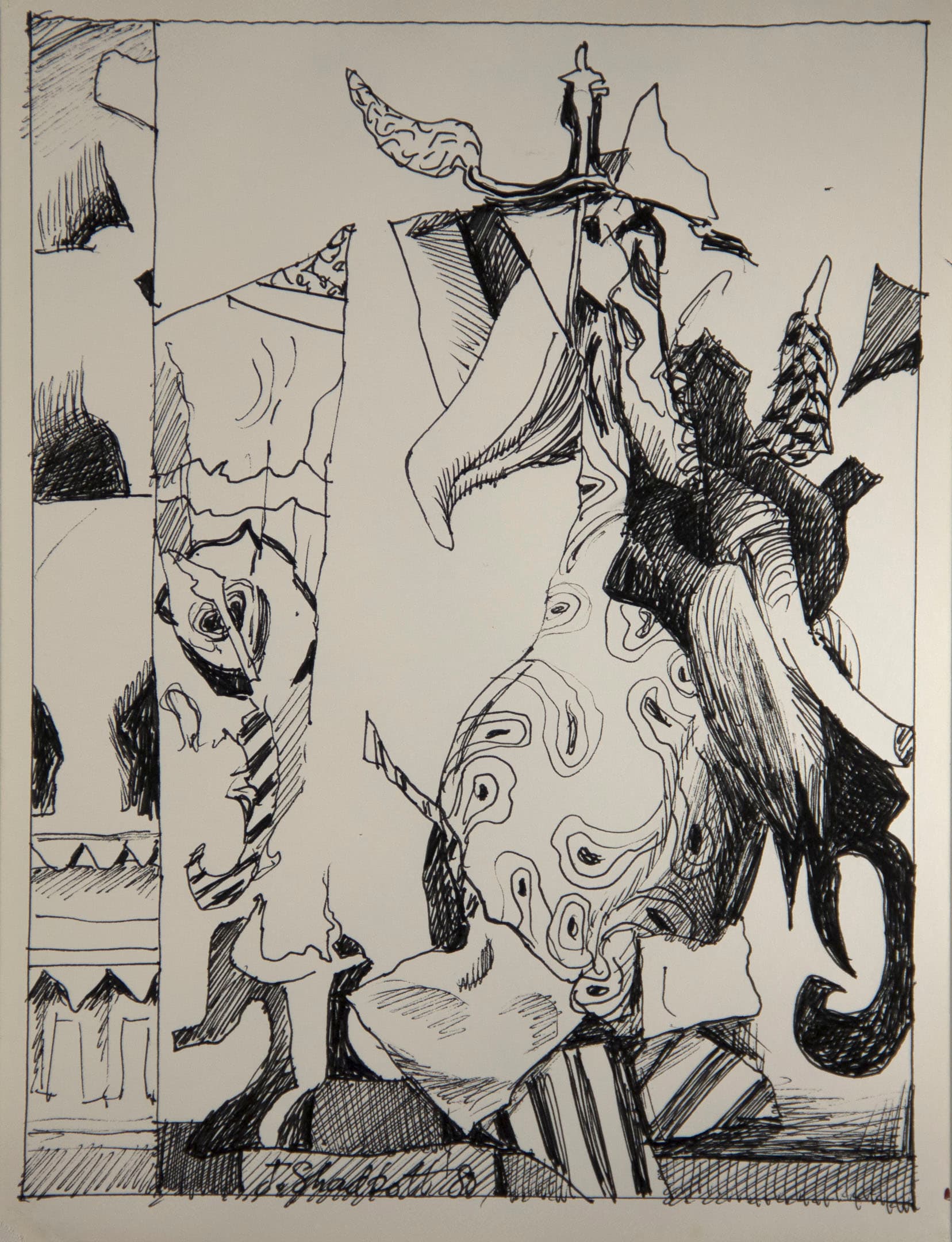 A black and white drawing featuring abstract shapes and forms, with a mix of curvy and angular lines. The composition includes patterned elements, resembling organic and geometric motifs. Some sections are shaded densely, while others are left with finer linework. The artist's signature appears in the bottom left corner.