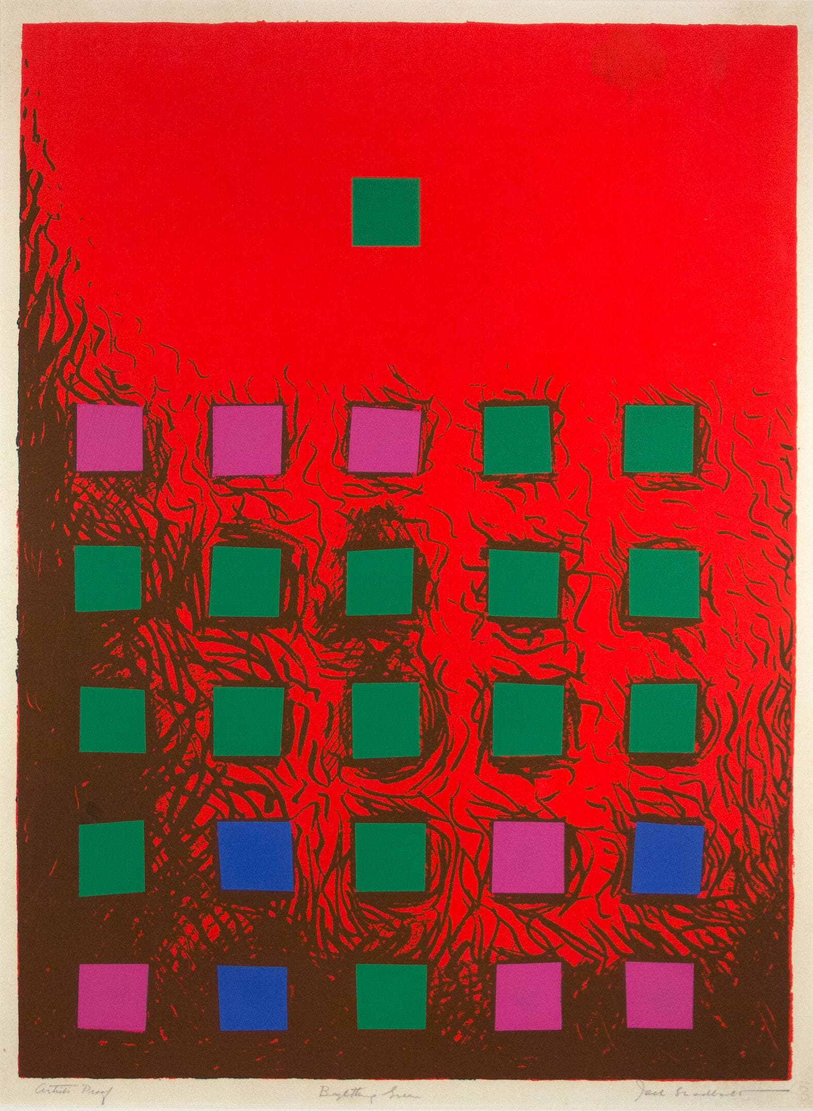 An abstract graphic print featuring a vibrant red background with a textured pattern. At the top center, there is a single green square. Below, a grid of colored squares in green, purple, and blue is arranged, with purple squares alternating among green squares in a geometric pattern. The bottom of the image has a brown section, adding contrast to the overall composition.