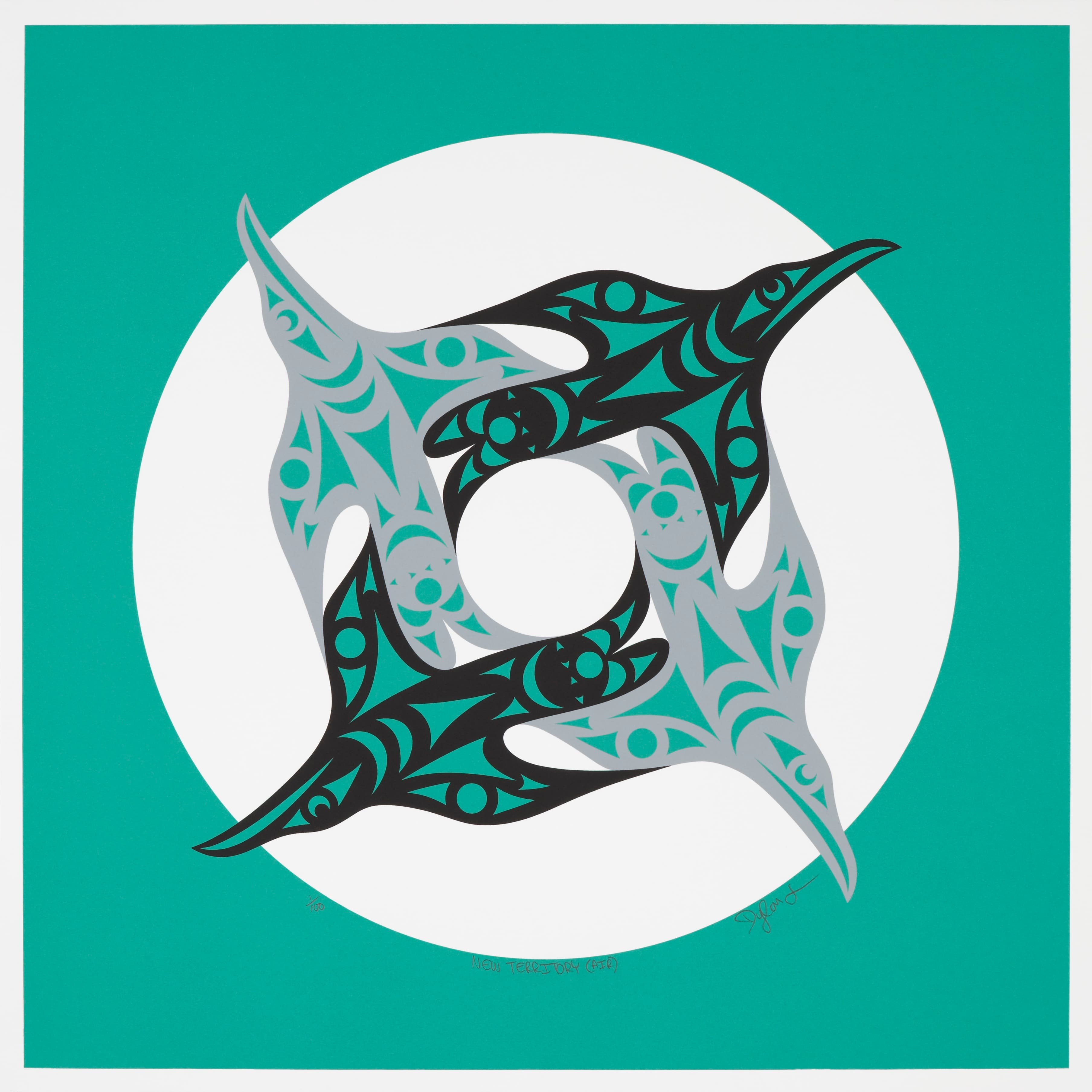 A graphic artwork featuring four stylized dolphins arranged in a circular pattern. The dolphins are depicted in black and light gray with intricate designs, set against a vibrant turquoise background with a central white circle. The overall composition creates a dynamic and balanced visual effect.