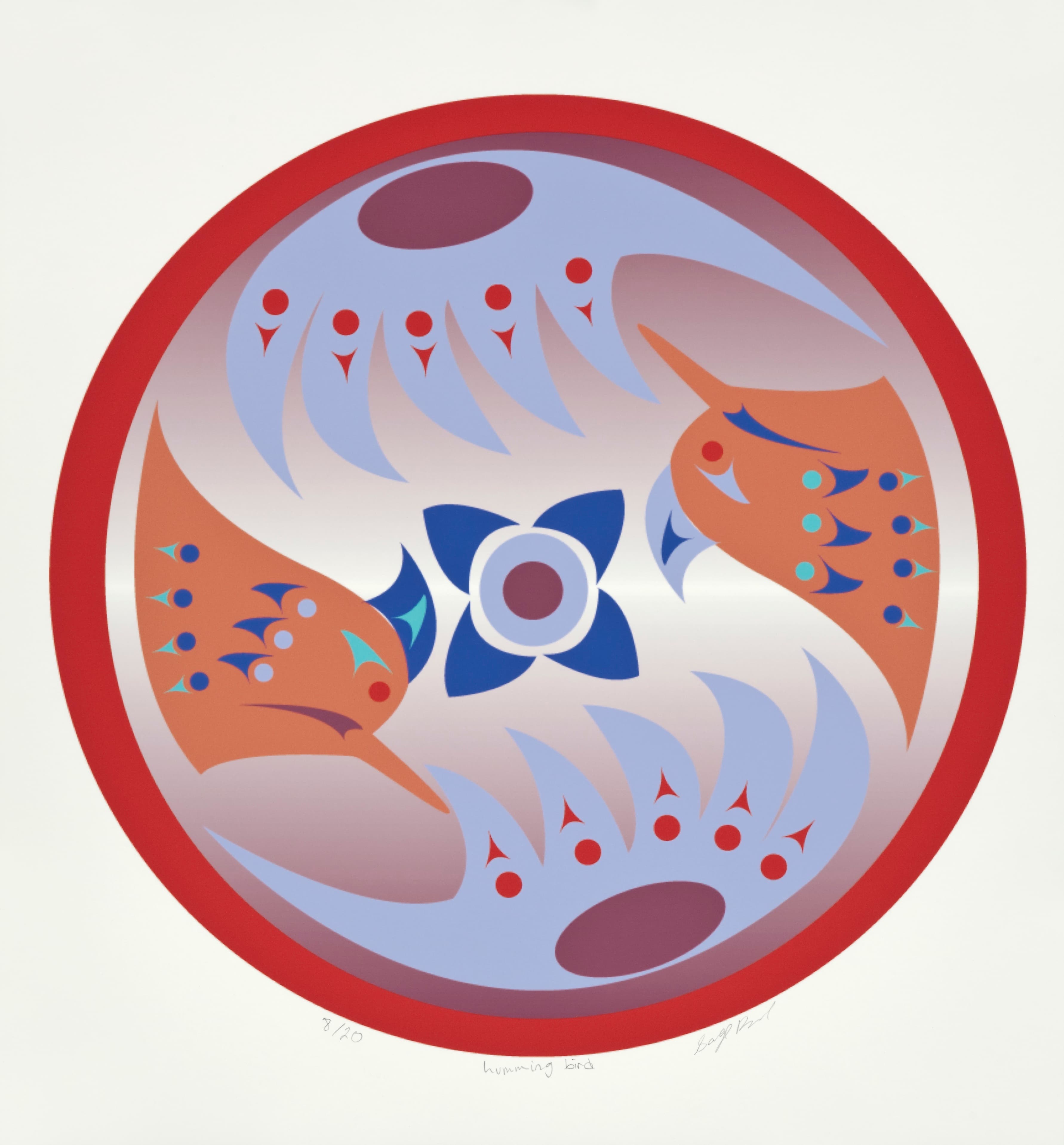 A circular artwork featuring abstract depictions of two stylized hummingbirds facing each other, set against a gradient background. The colors include shades of red, orange, blue, and soft purple, with decorative patterns representing feathers and floral elements in the center. The border is bright red, framing the composition. Below, the text "7/20," "humming bird," and the artist's signature are visible.