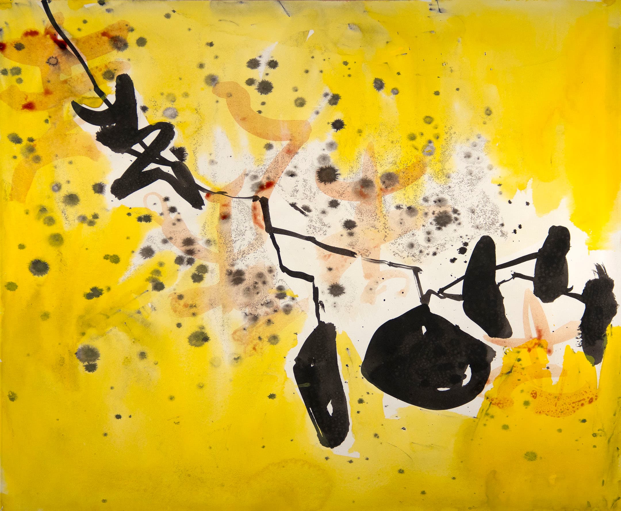 An abstract watercolor painting featuring a vibrant yellow background with splashes of black, brown, and orange. A central black branch-like shape extends across the image, supporting various circular forms in black. The overall composition combines organic shapes and textures, creating a dynamic visual effect.