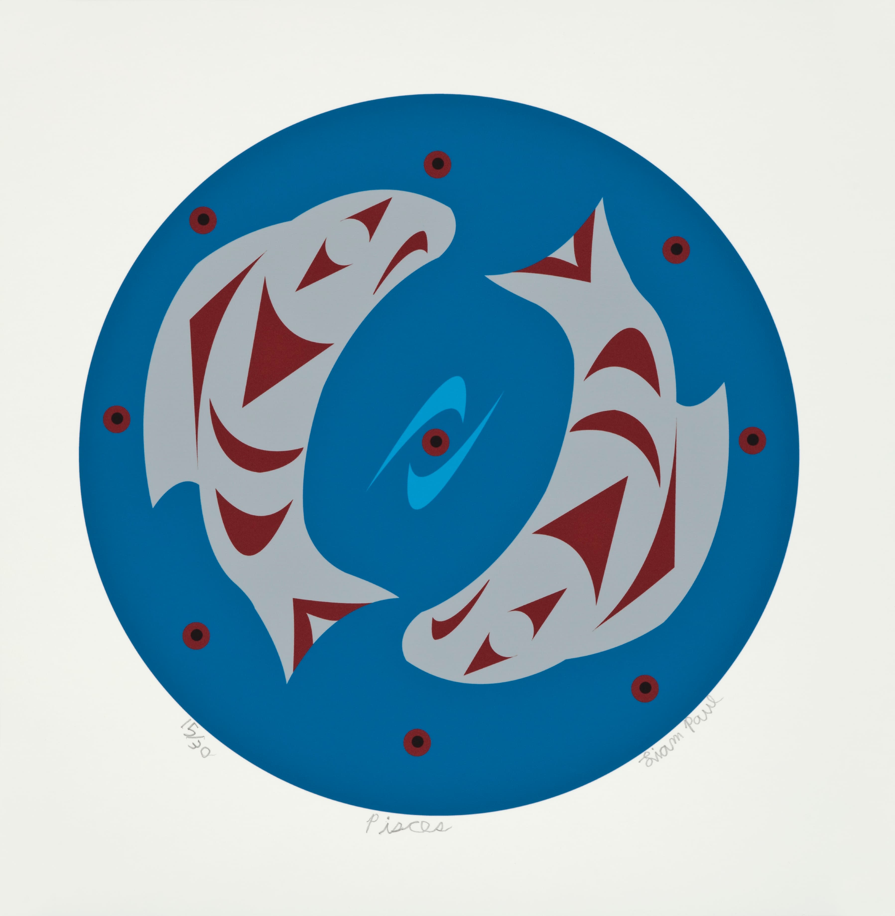 A circular artwork featuring two stylized fish in gray with red patterns, set against a bright blue background. The fish are oriented in a circular formation, with small black dots around the edge of the circle. The word "Pisces" is inscribed at the bottom, along with the artist's name.