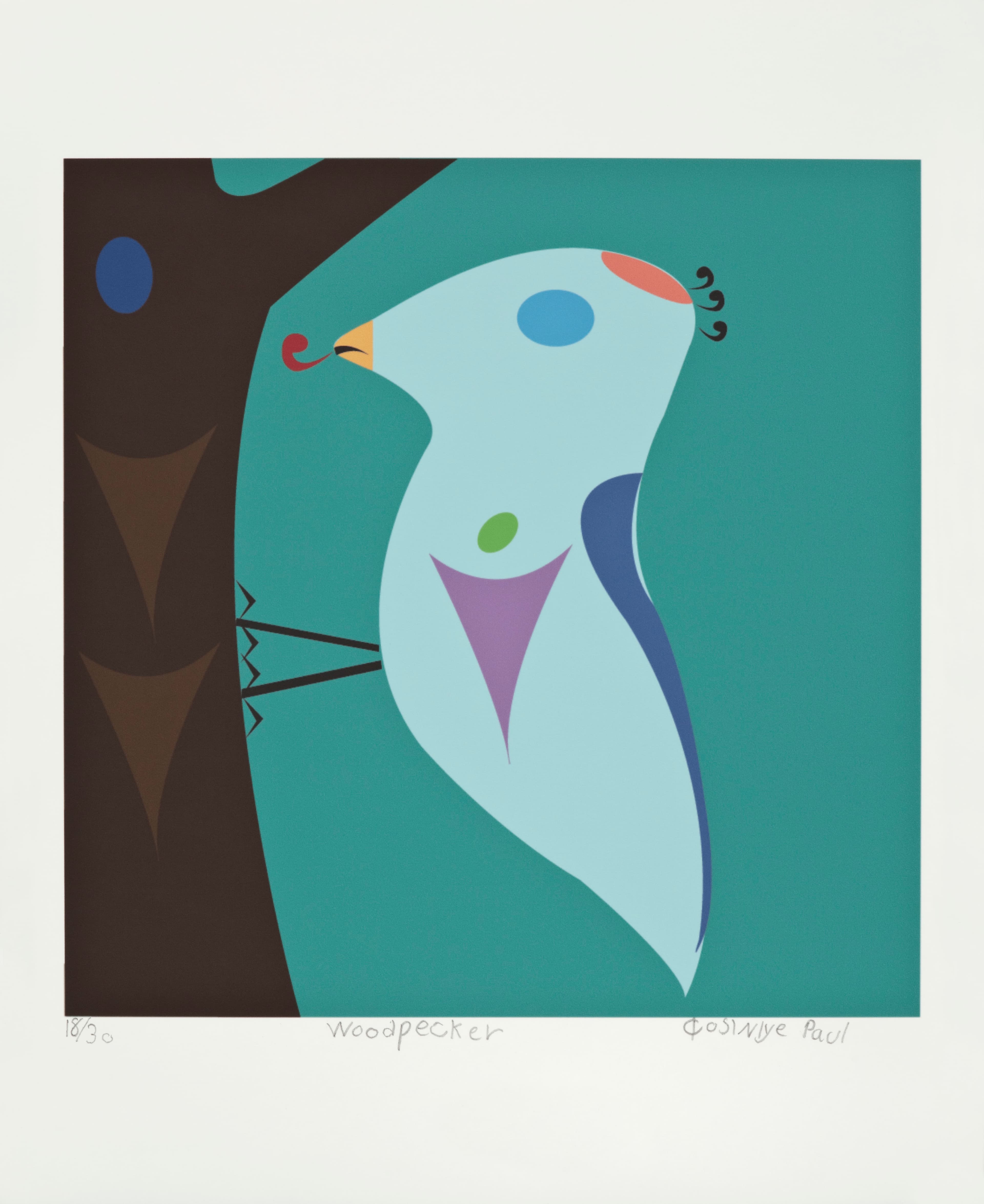 A colorful, stylized illustration of a woodpecker perched on the side of a brown tree against a turquoise background. The bird features a light blue body with various geometric shapes in purple, green, and blue. It has a distinctive beak and whimsical curls on its head. The artwork is framed with a white border, and includes the text "18/30" and "woodpecker" along with the artist's name, "Roslynne Paul," at the bottom.