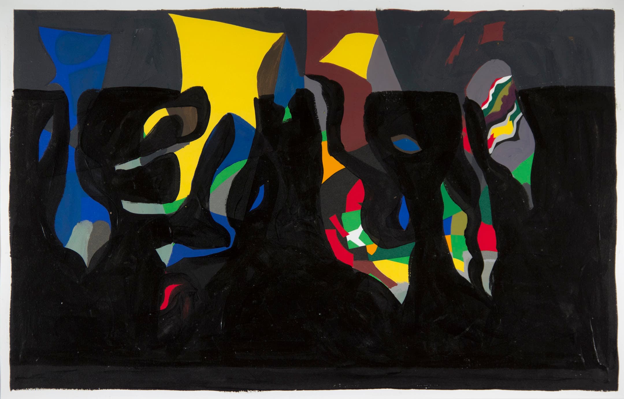 An abstract painting featuring bold black shapes set against a vibrant background of colors including yellow, blue, green, and red. The composition has a dynamic interplay of forms and colors, creating a sense of movement and depth. The use of contrasting colors adds visual interest and energy to the artwork.