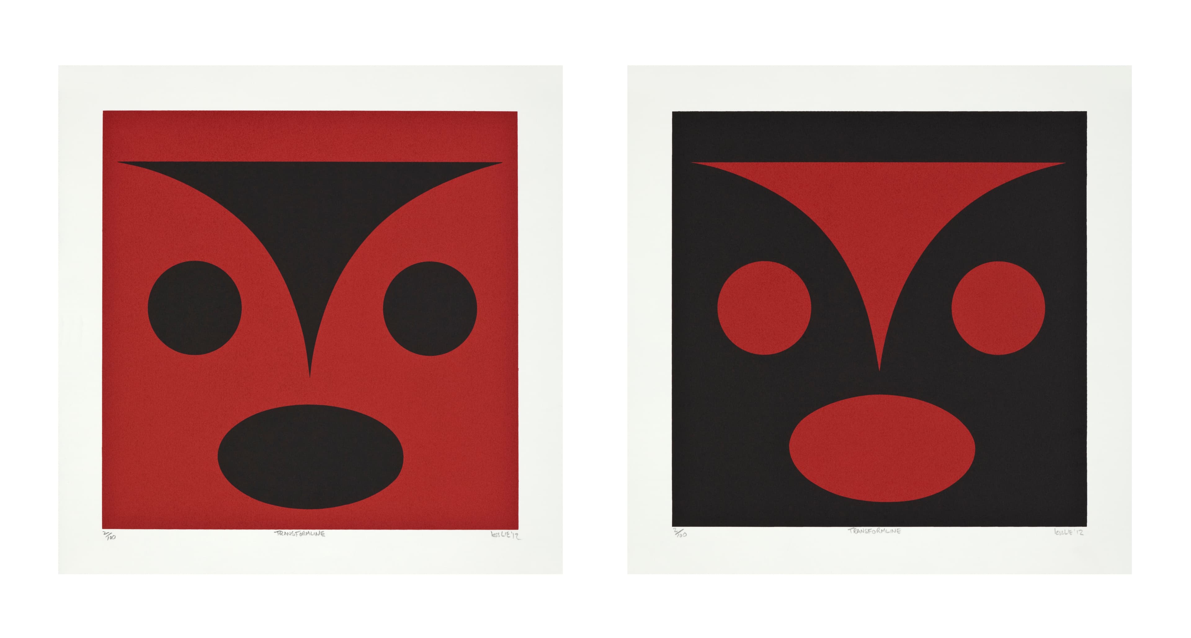 Two abstract prints are displayed side by side. The left print features a bold red background with a large black triangular shape at the top, complemented by two black circular shapes below. The right print has a black background showcasing a similar design: a large red triangular shape at the top with two red circular shapes below. Both prints have white borders and feature signatures at the bottom.