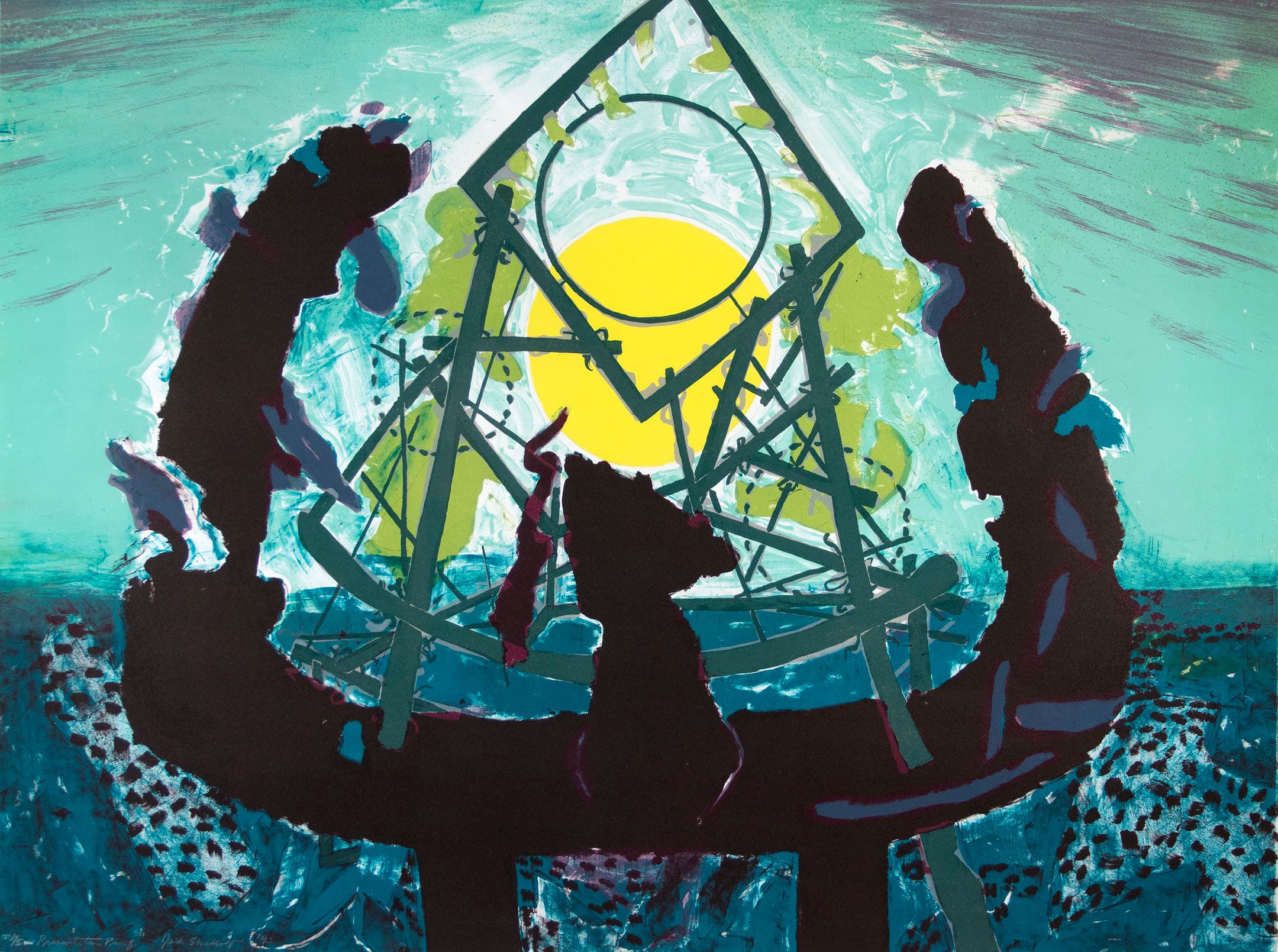 An abstract artwork featuring a bright yellow sun at the center, surrounded by geometric shapes and lines in various shades of blue, green, and black. Dark silhouettes of figures and structures, reminiscent of industrial elements, frame the scene against a vibrant turquoise background. The composition conveys a sense of depth and dynamism.