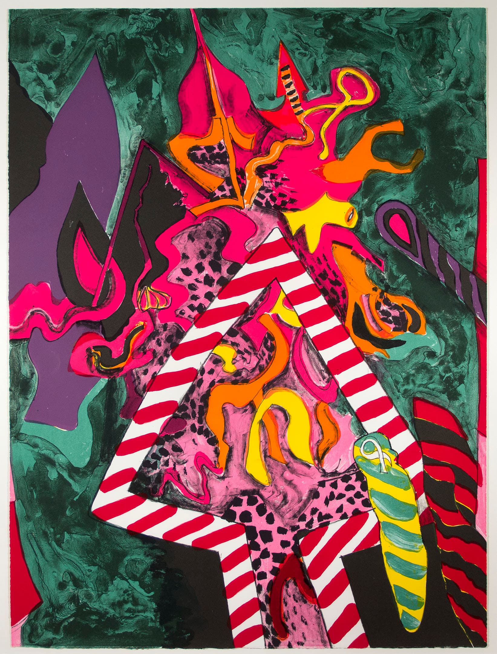 An abstract artwork featuring a dynamic composition of vibrant colors and shapes. The piece includes bold hues of pink, orange, black, and green, along with striped and patterned elements. Various organic and geometric forms intersect, creating a sense of movement and energy within the layered design. The background is a deep green marbled texture, enhancing the intensity of the foreground elements.