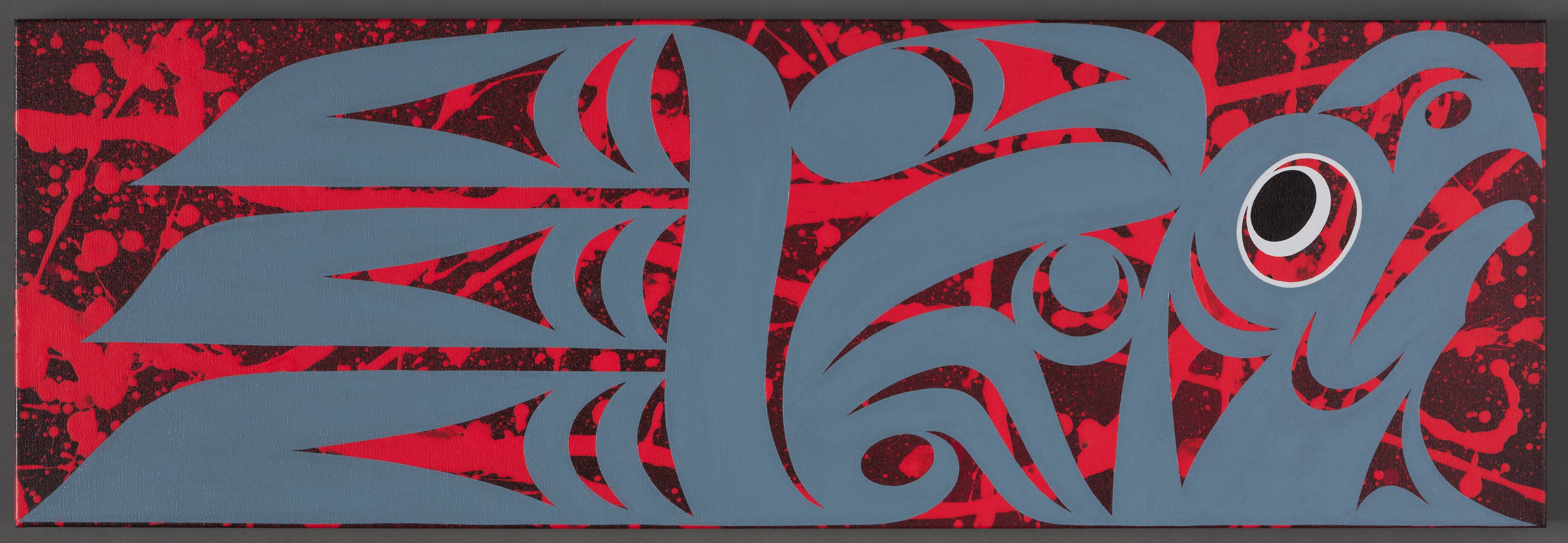 A rectangular artwork featuring a stylized, abstract representation of a bird or animal in shades of gray. The background is a vibrant red with black and red splatter patterns. The composition emphasizes bold lines and shapes, creating a dynamic visual contrast between the main figure and the background.