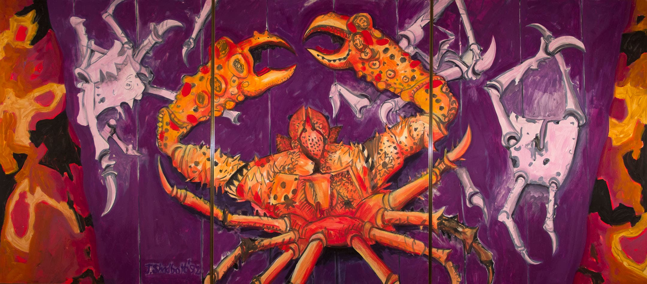 A vibrant painting featuring a large crab in the center, with prominent orange and red claws and a detailed body. The background is a mix of deep purple and abstract shapes in fiery orange and yellow tones. The artwork has a dynamic and bold appearance, showcasing the crab's textured shell and expressive posture.