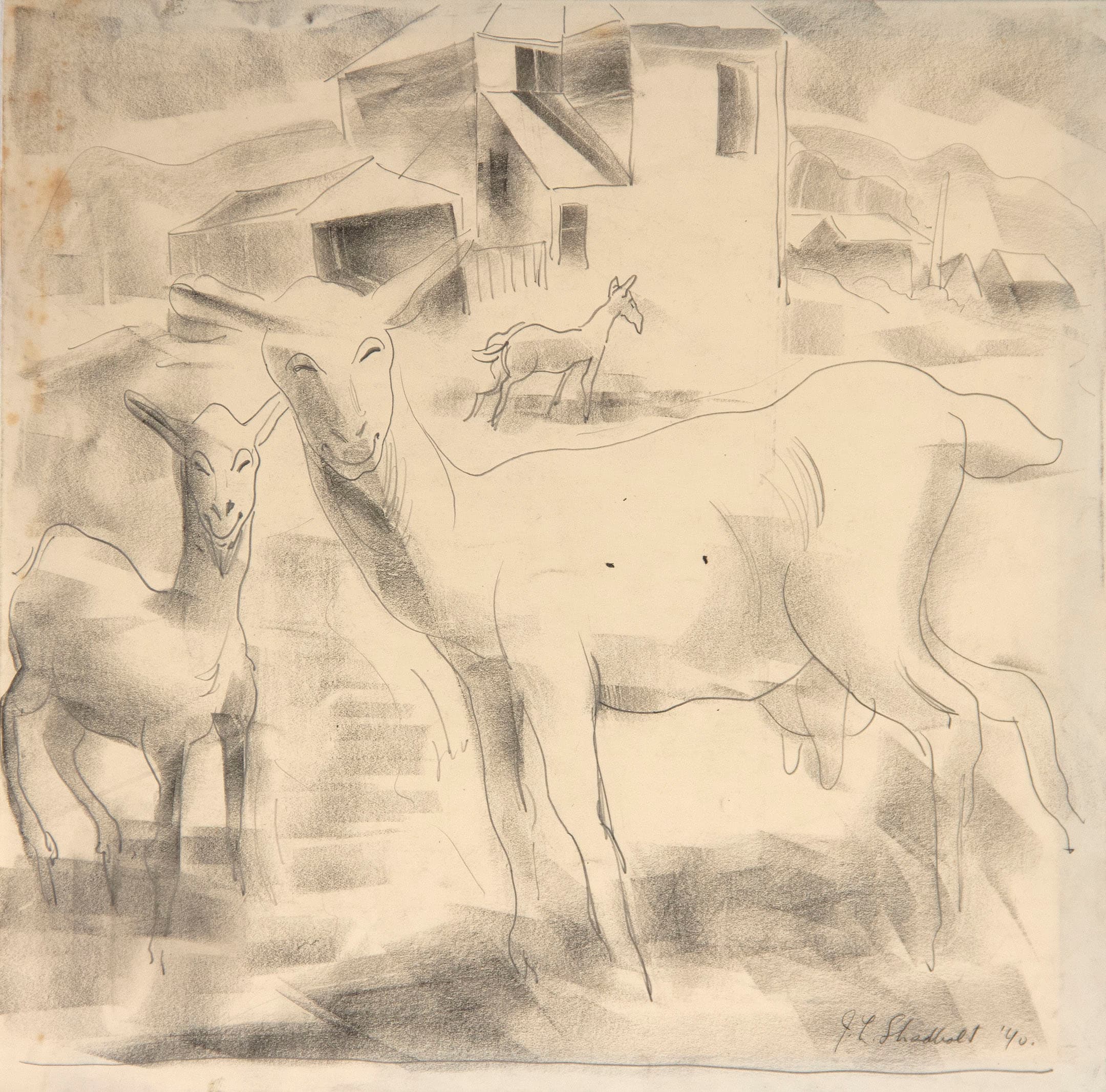 A monochromatic sketch featuring two goats in the foreground, with one goat appearing larger and more prominent. In the background, a horse is positioned behind a stylized, abstract representation of a farmhouse and other buildings. The composition is characterized by soft lines and shading, creating a serene rural scene. The artist's signature and year, "G. L. Shadwell '40," is located in the bottom right corner.