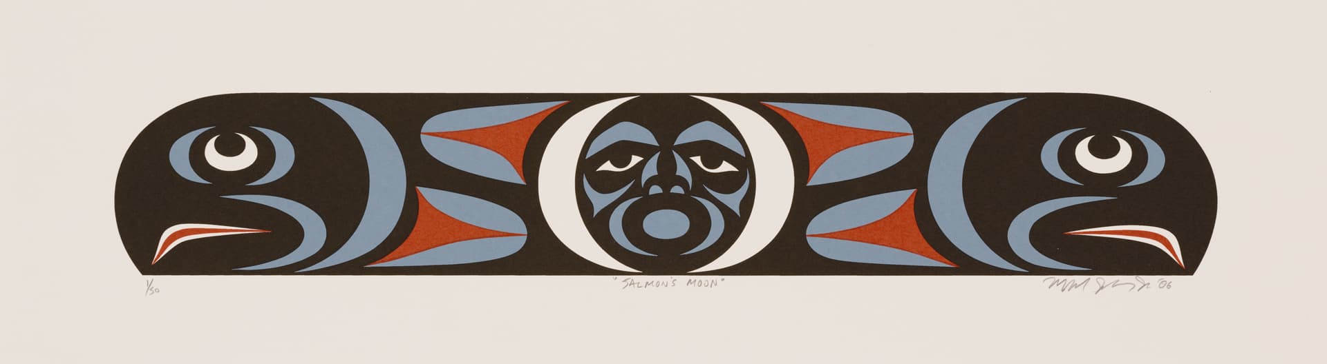 This image features a stylized graphic artwork titled "Salmon's Moon." It depicts three symmetrical fish heads on either side, with a central face that has distinct features. The color palette includes black, red, blue, and white, creating a vibrant contrast. The artwork is framed with a light background, emphasizing the bold shapes and colors. The artist's signature is in the lower right corner.