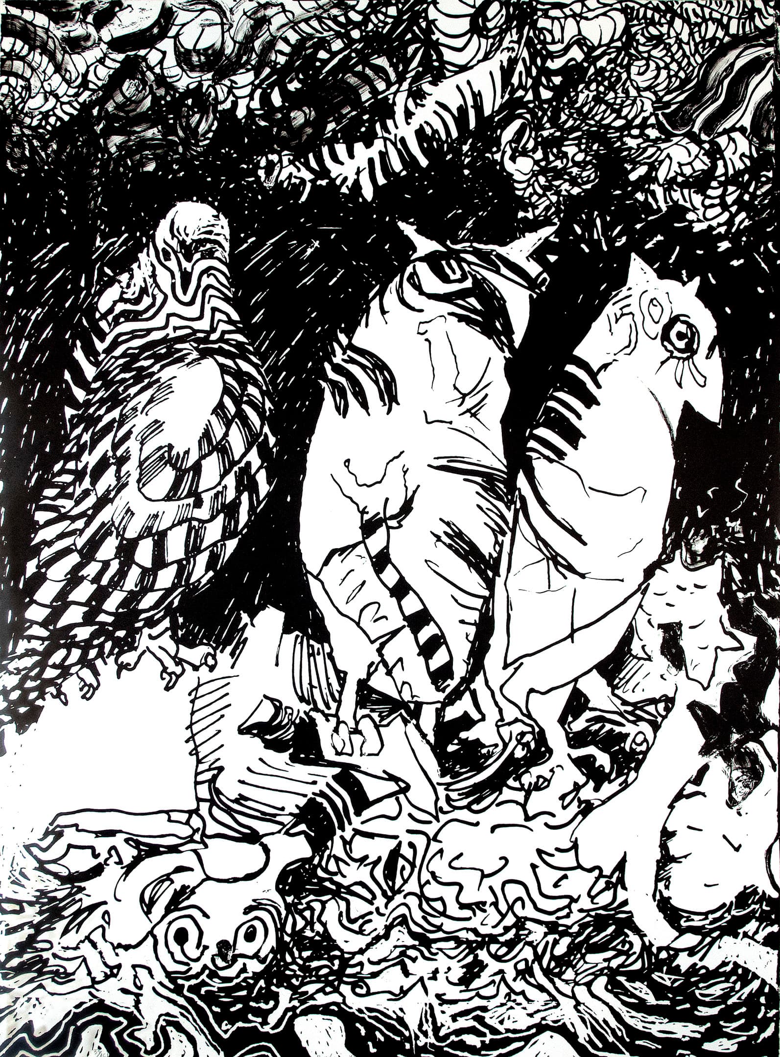 A black and white abstract illustration featuring various stylized bird forms, including owls and other creatures, interacting amidst swirling lines and textures. The composition emphasizes dynamic movement and intricate patterns, creating a sense of energy and chaos.